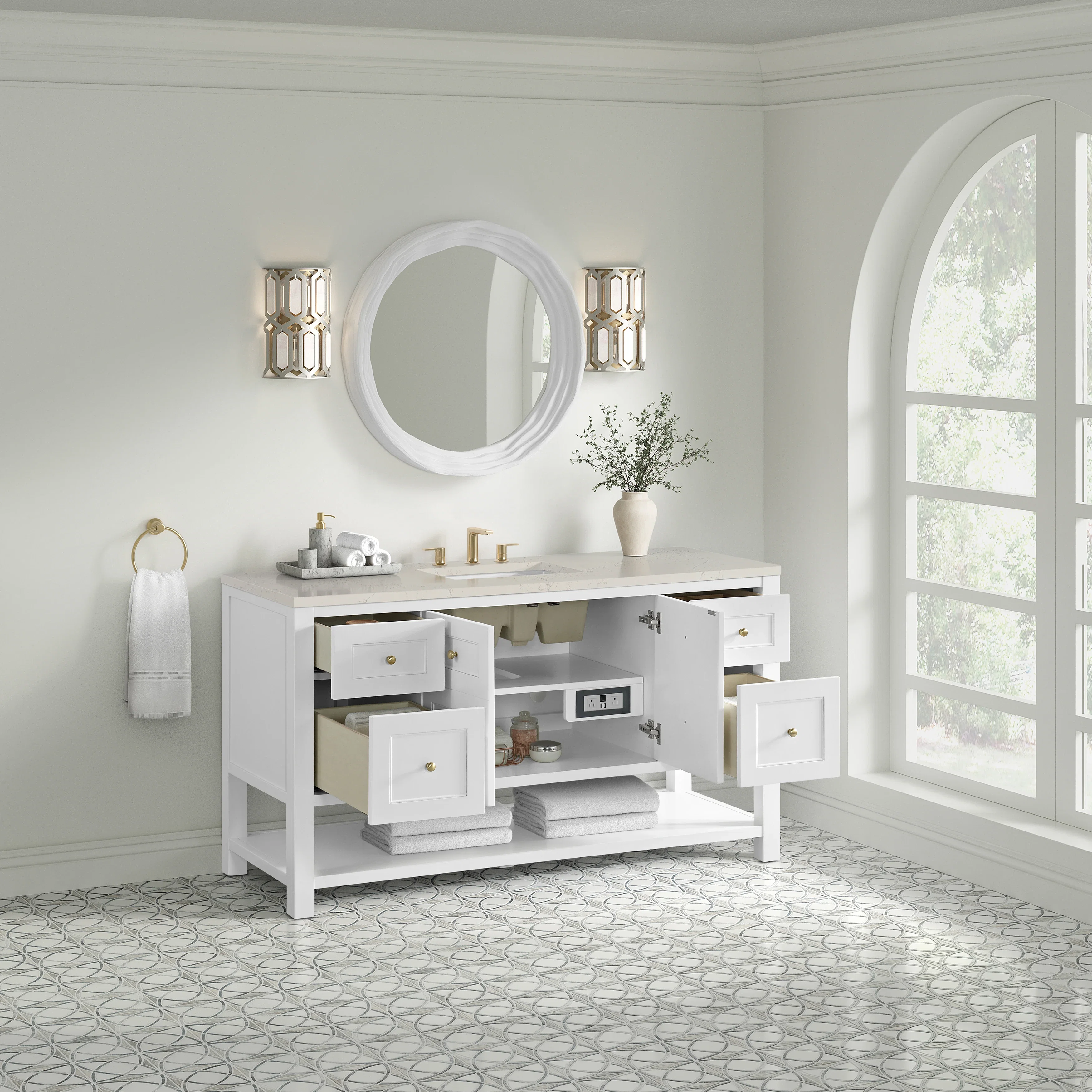 Breckenridge 60" Single Vanity, Bright White, w/ 3 CM Siberian Silestone Top w/FreePower Wireless Charger