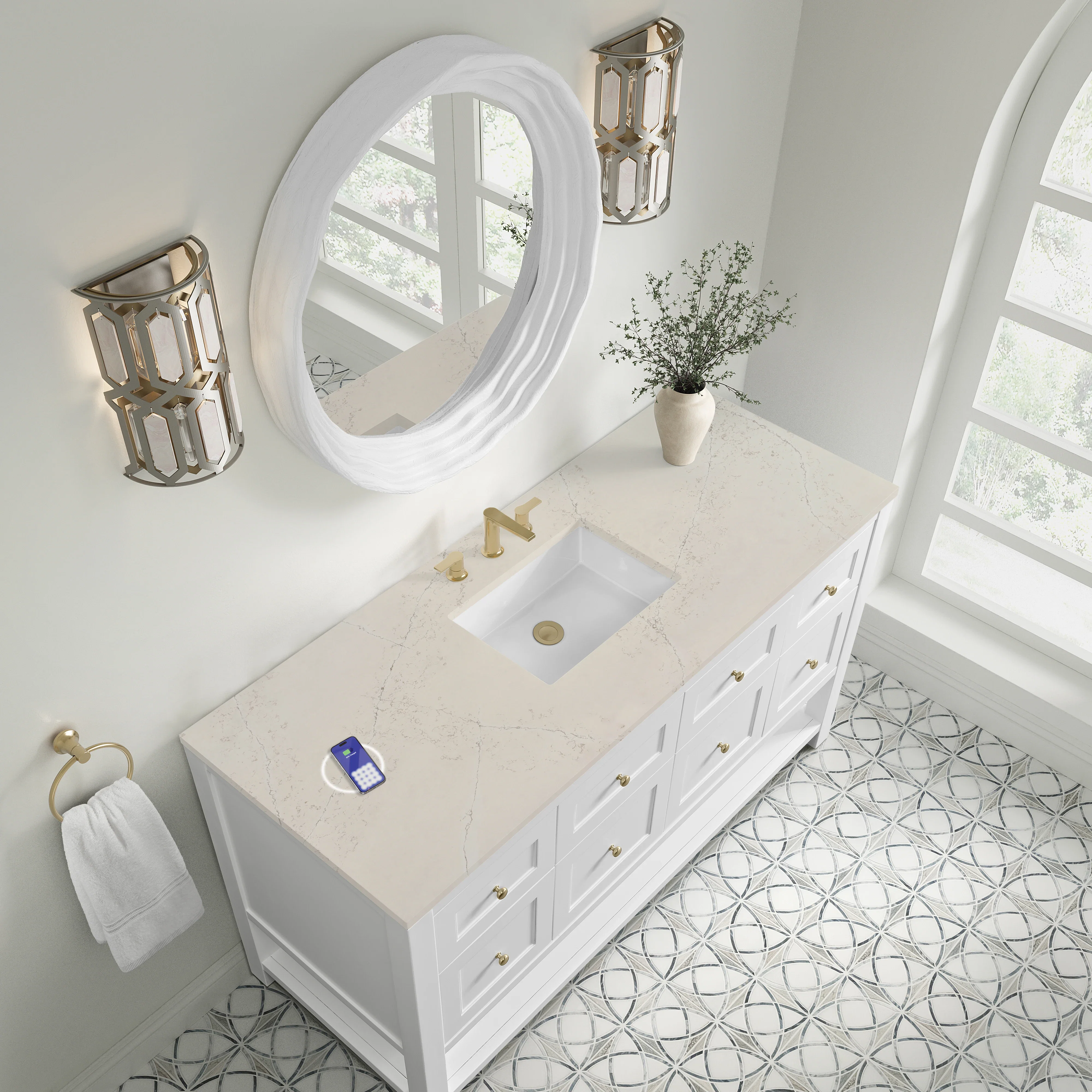 Breckenridge 60" Single Vanity, Bright White, w/ 3 CM Siberian Silestone Top w/FreePower Wireless Charger