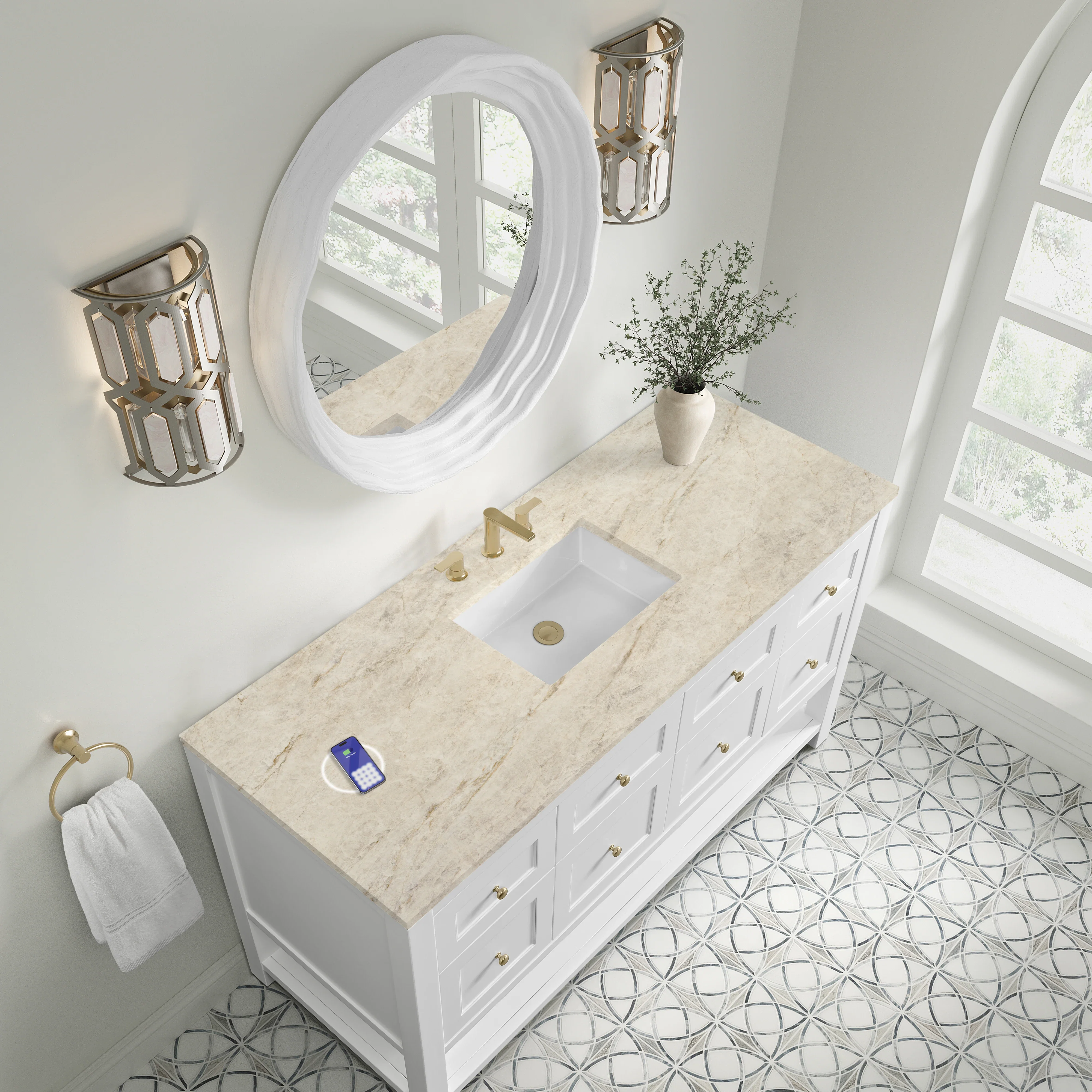 Breckenridge 60" Single Vanity, Bright White, w/ 3 CM Tajnar Eclos Top w/FreePower Wireless Charger