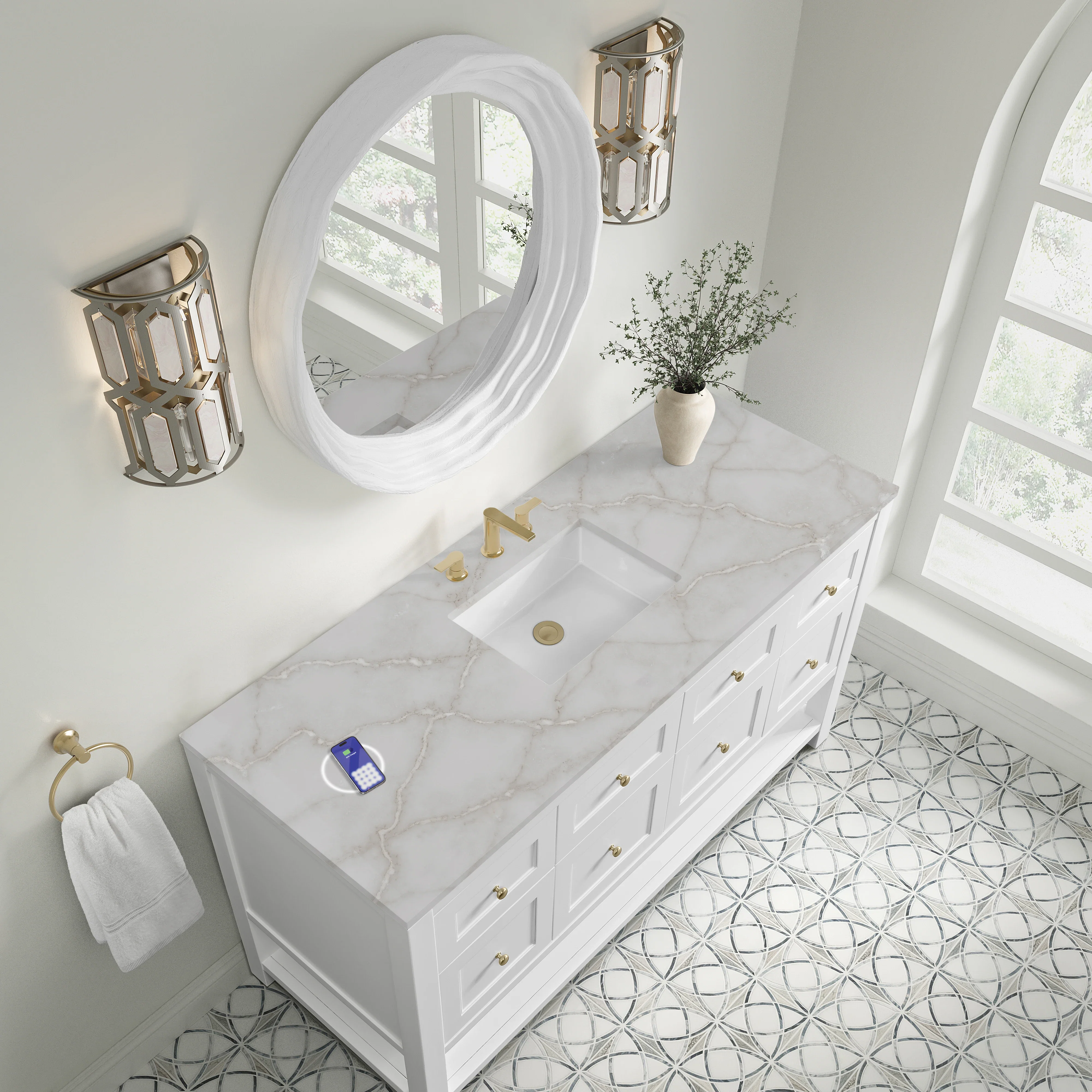 Breckenridge 60" Single Vanity, Bright White, w/ 3 CM Victorian Silver Silestone Top w/ FreePower Wireless Charger