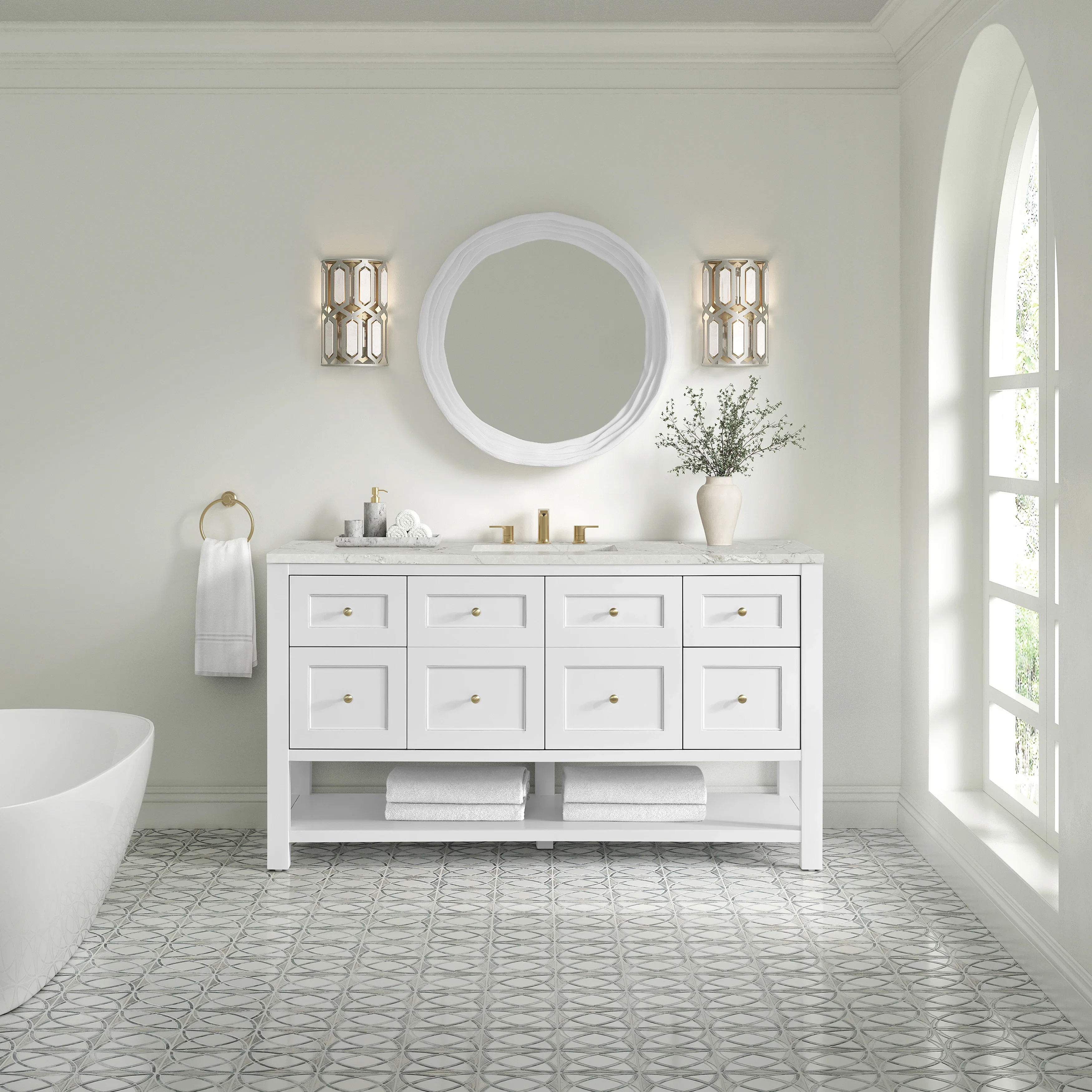 Breckenridge 60" Single Vanity, Bright White, w/ 3 CM Victorian Silver Silestone Top w/ FreePower Wireless Charger