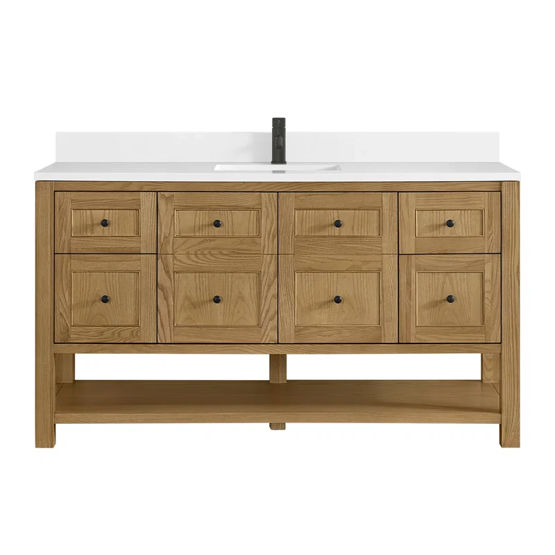Breckenridge 60" Single Vanity, Light Natural Oak, w/ Single Hole 3 CM White Zeus Quartz Top & Backsplash
