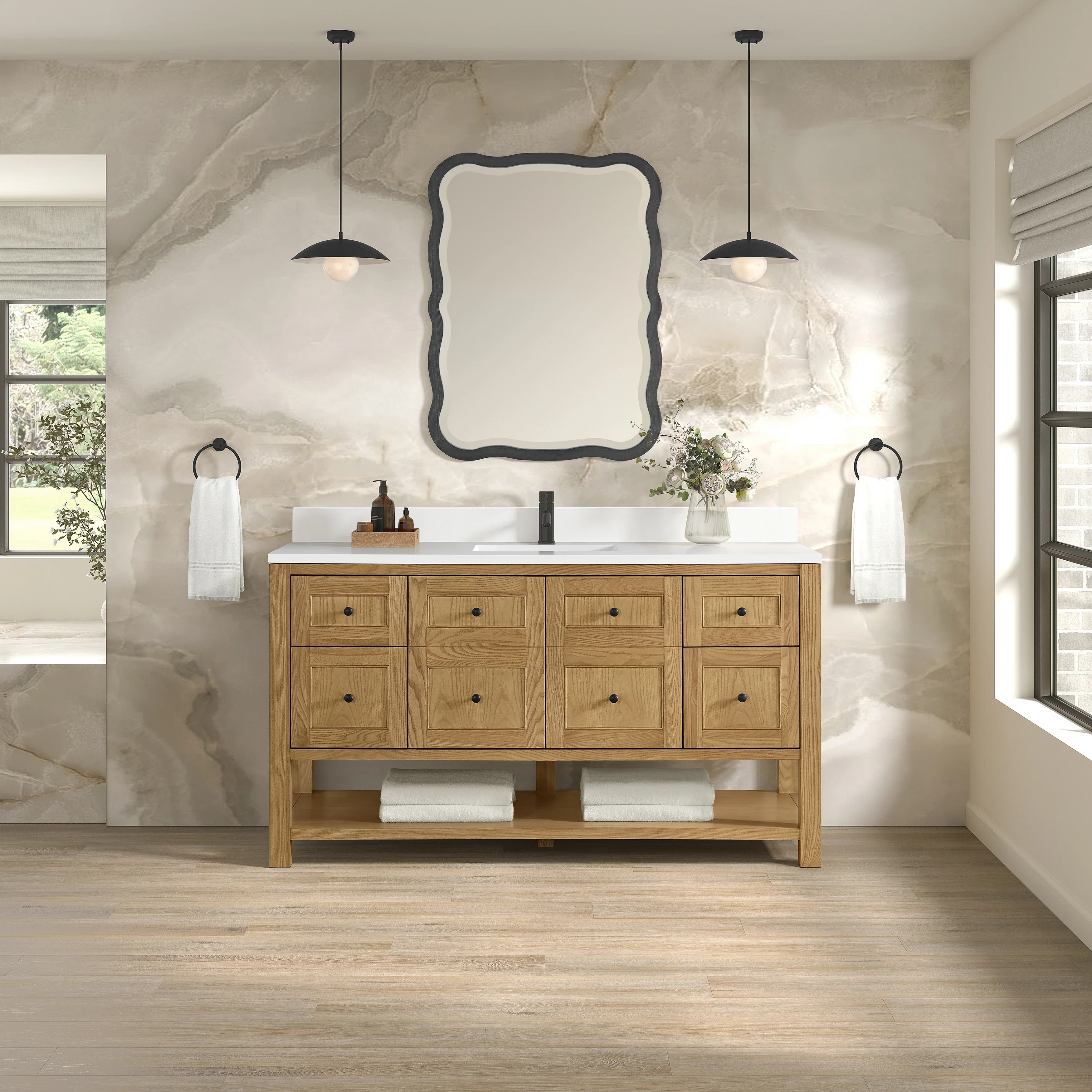 Breckenridge 60" Single Vanity, Light Natural Oak, w/ Single Hole 3 CM White Zeus Quartz Top & Backsplash