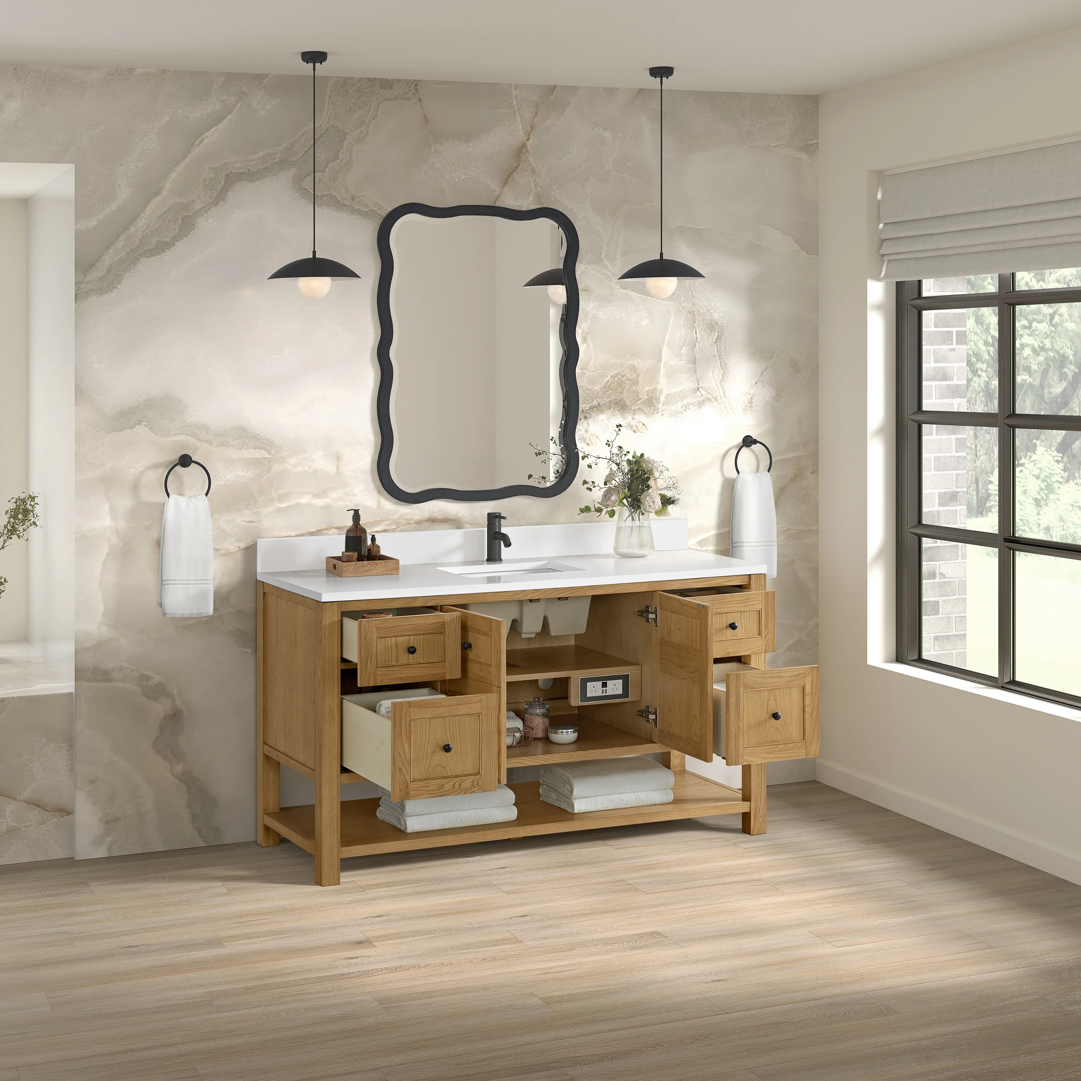 Breckenridge 60" Single Vanity, Light Natural Oak, w/ Single Hole 3 CM White Zeus Quartz Top & Backsplash