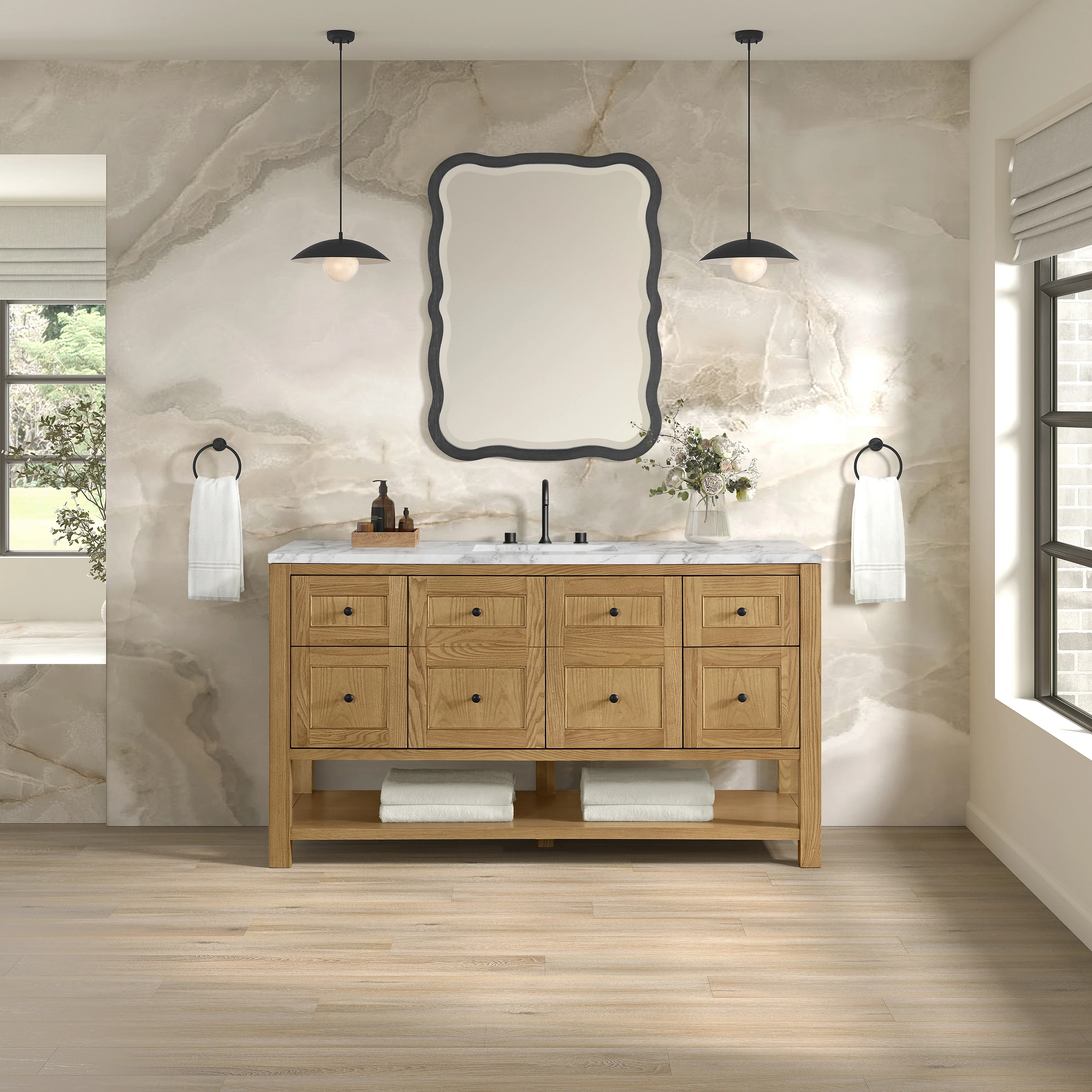 Breckenridge 60" Single Vanity, Light Natural Oak, w/ 3 CM Carrara Marble Top