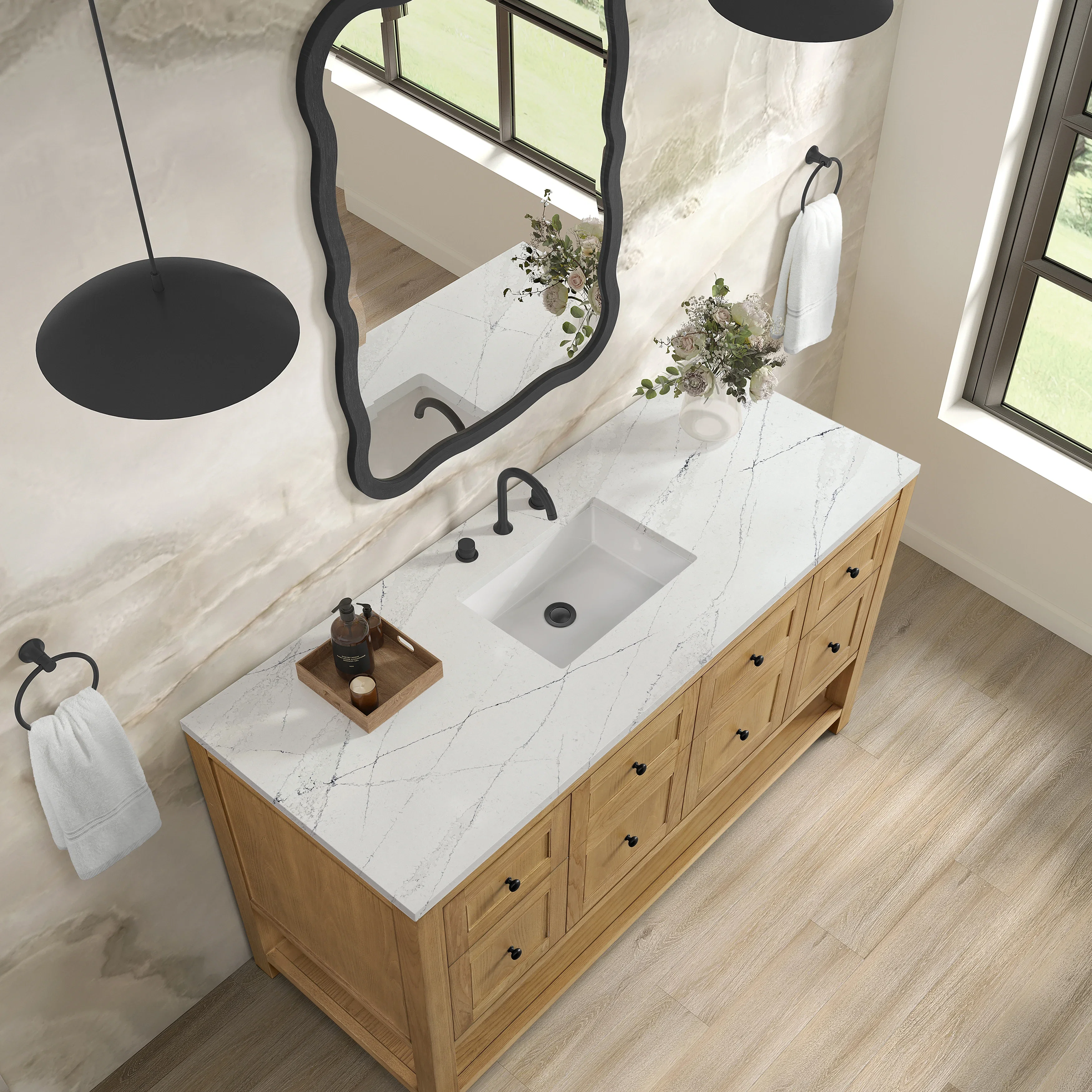 Breckenridge 60" Single Vanity, Light Natural Oak, w/ 3 CM Ethereal Noctis Quartz Top