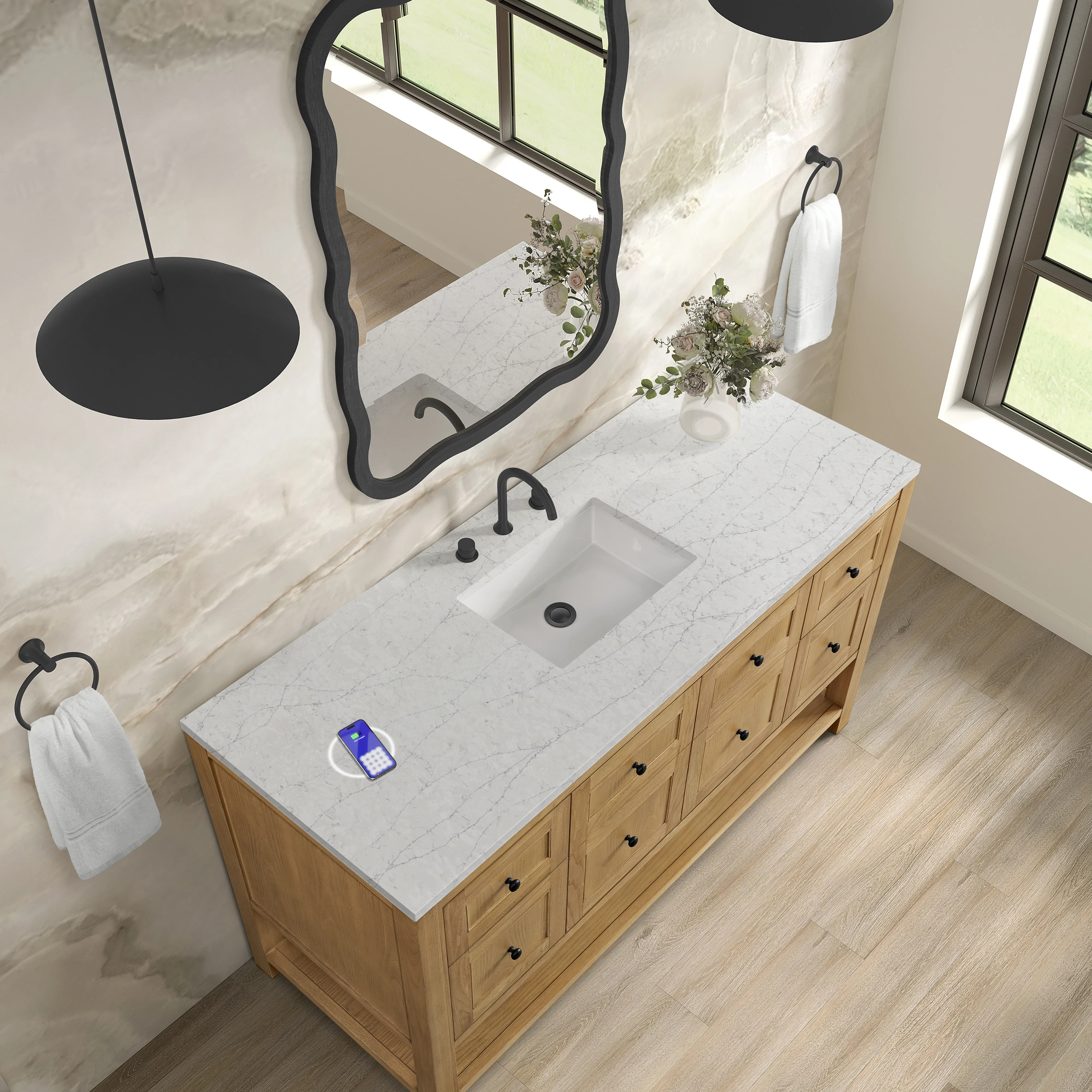 Breckenridge 60" Single Vanity, Light Natural Oak, w/ 3 CM Eternal Jasmine Pearl Silestone Top w/ FreePower Wireless Charger