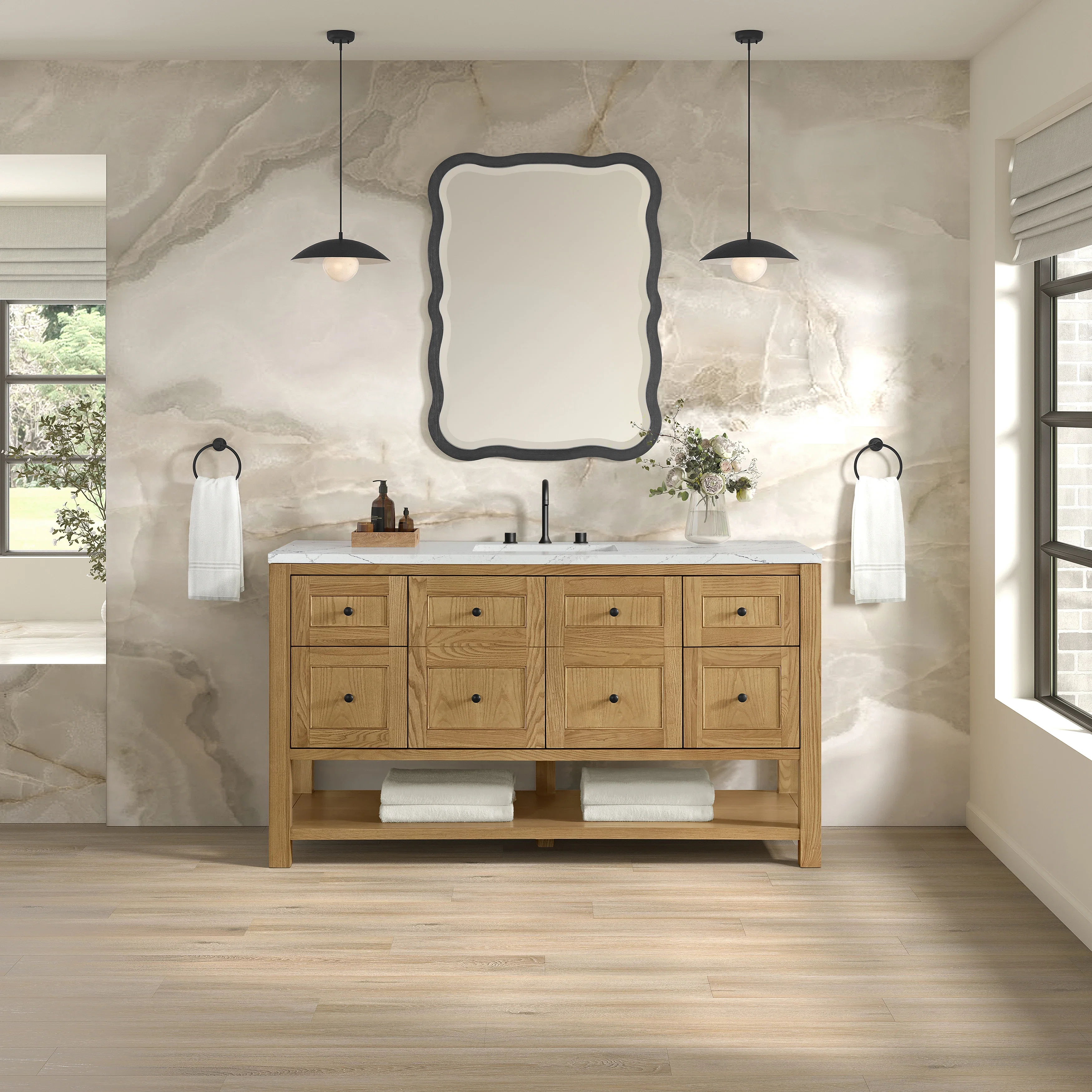 Breckenridge 60" Single Vanity, Light Natural Oak, w/ 3 CM Ethereal Noctis Silestone Top w/ FreePower Wireless Charger