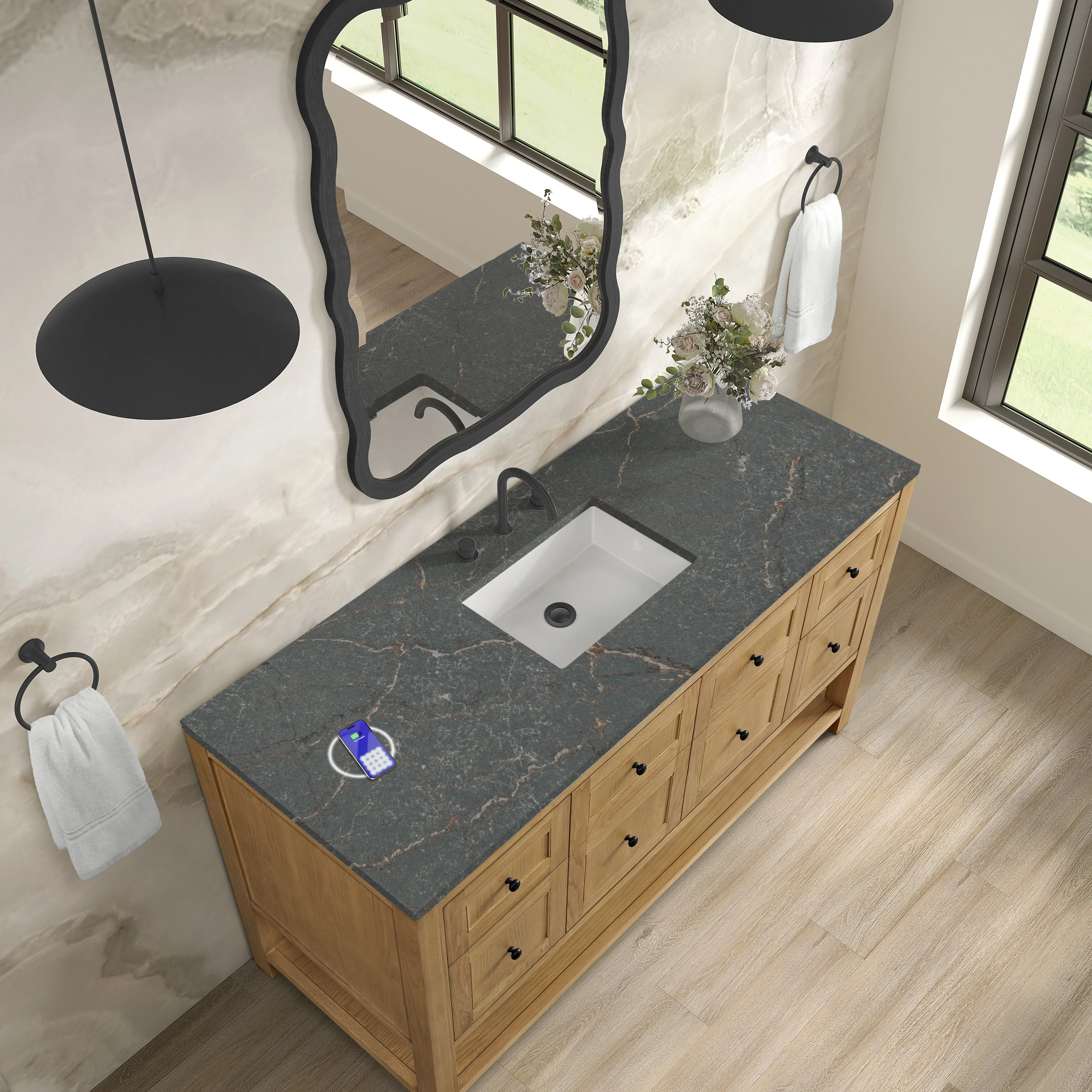 Breckenridge 60" Single Vanity, Light Natural Oak w/ 3 CM Parisien Bleu Top w/ FreePower Wireless Charger
