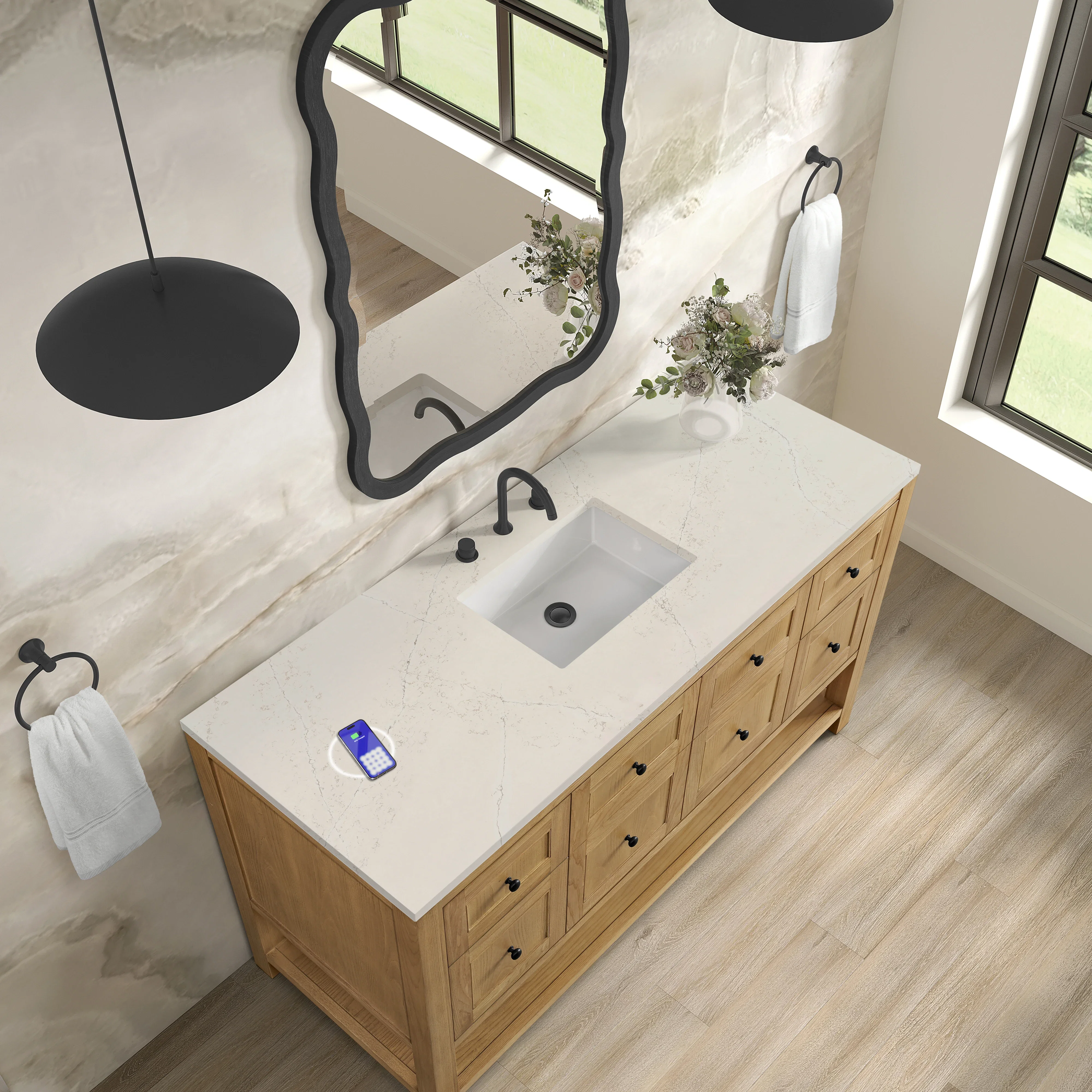 Breckenridge 60" Single Vanity, Light Natural Oak, w/ 3 CM Siberian Silestone Top w/FreePower Wireless Charger