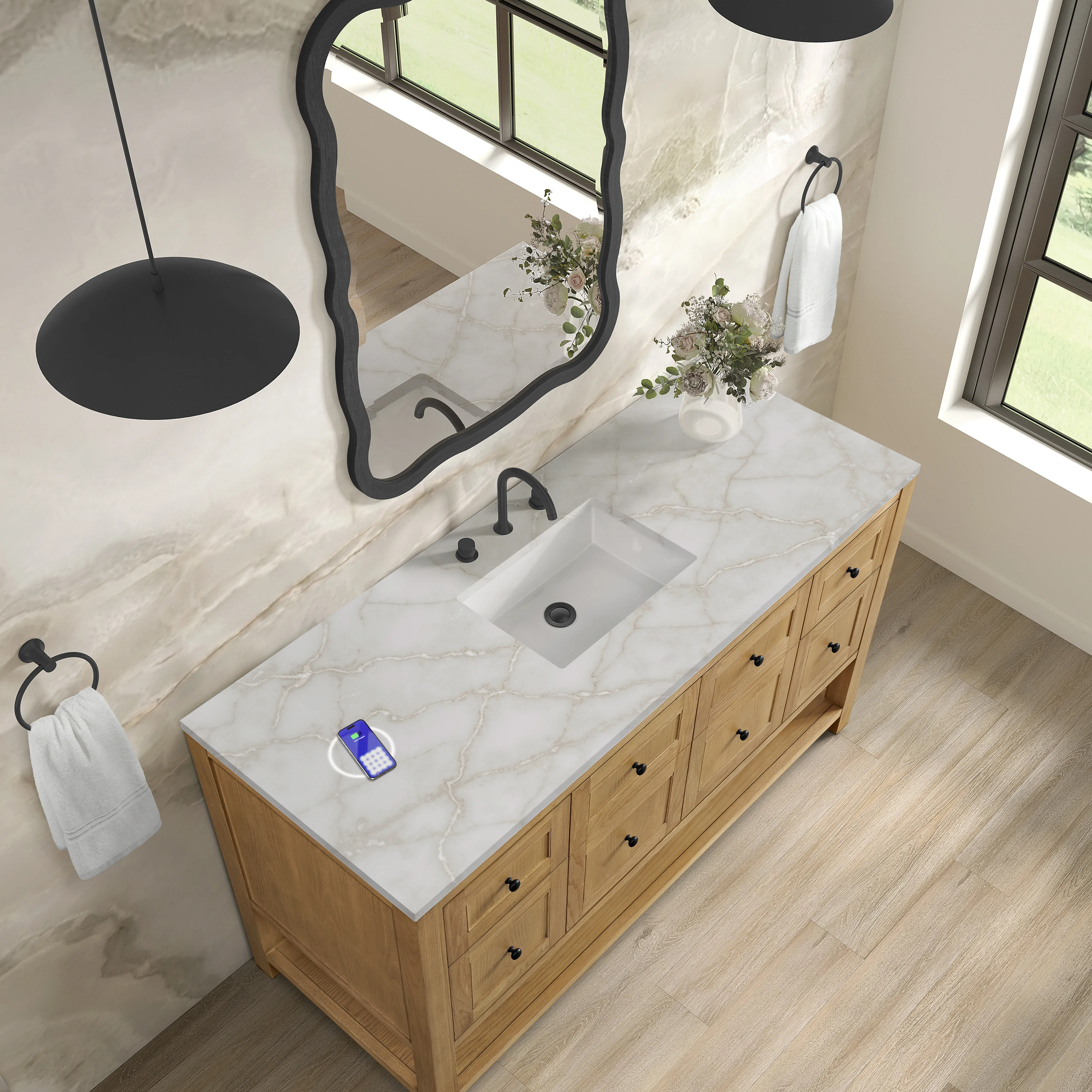 Breckenridge 60" Single Vanity, Light Natural Oak, w/ 3 CM Victorian Silver Silestone Top w/ FreePower Wireless Charger