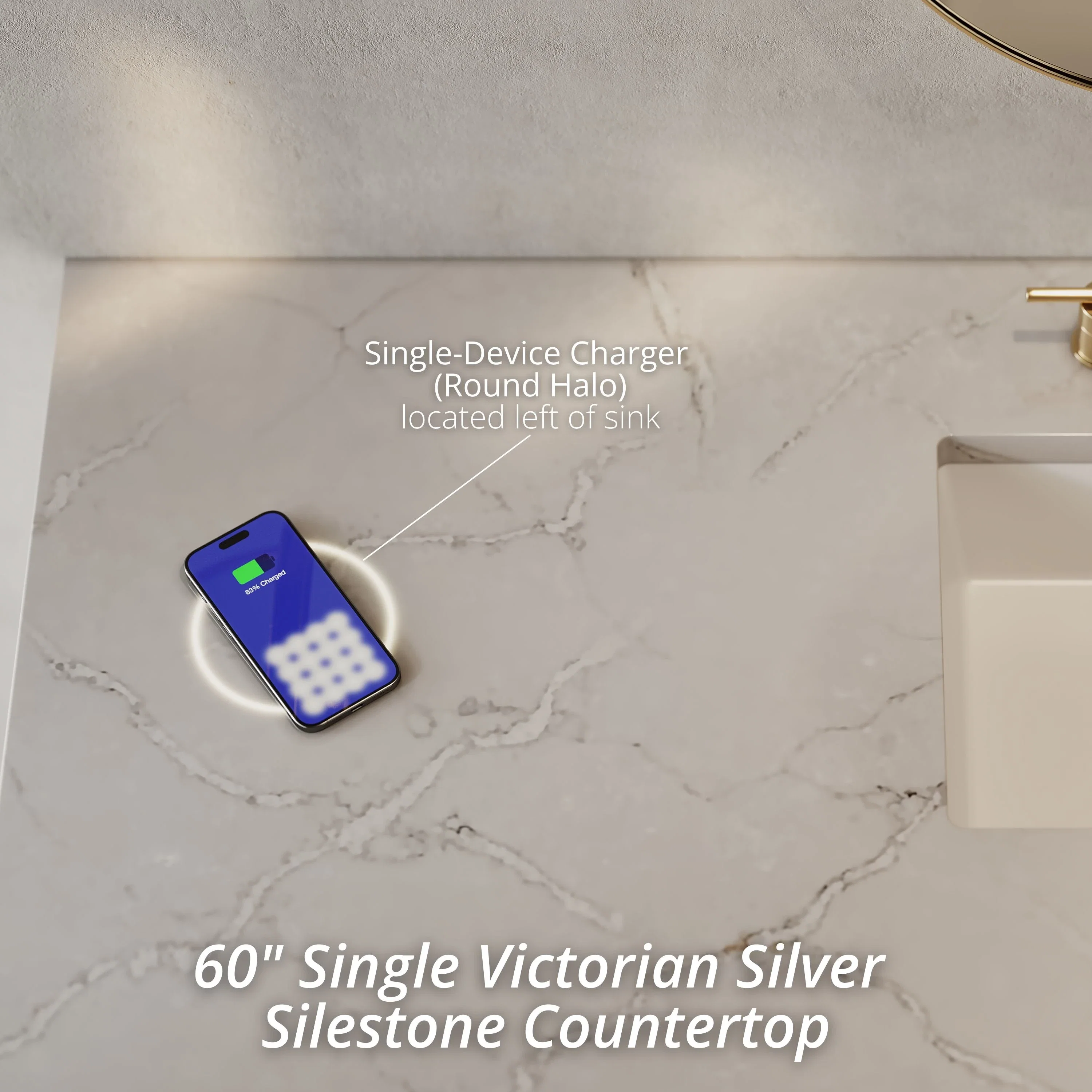 Breckenridge 60" Single Vanity, Light Natural Oak, w/ 3 CM Victorian Silver Silestone Top w/ FreePower Wireless Charger