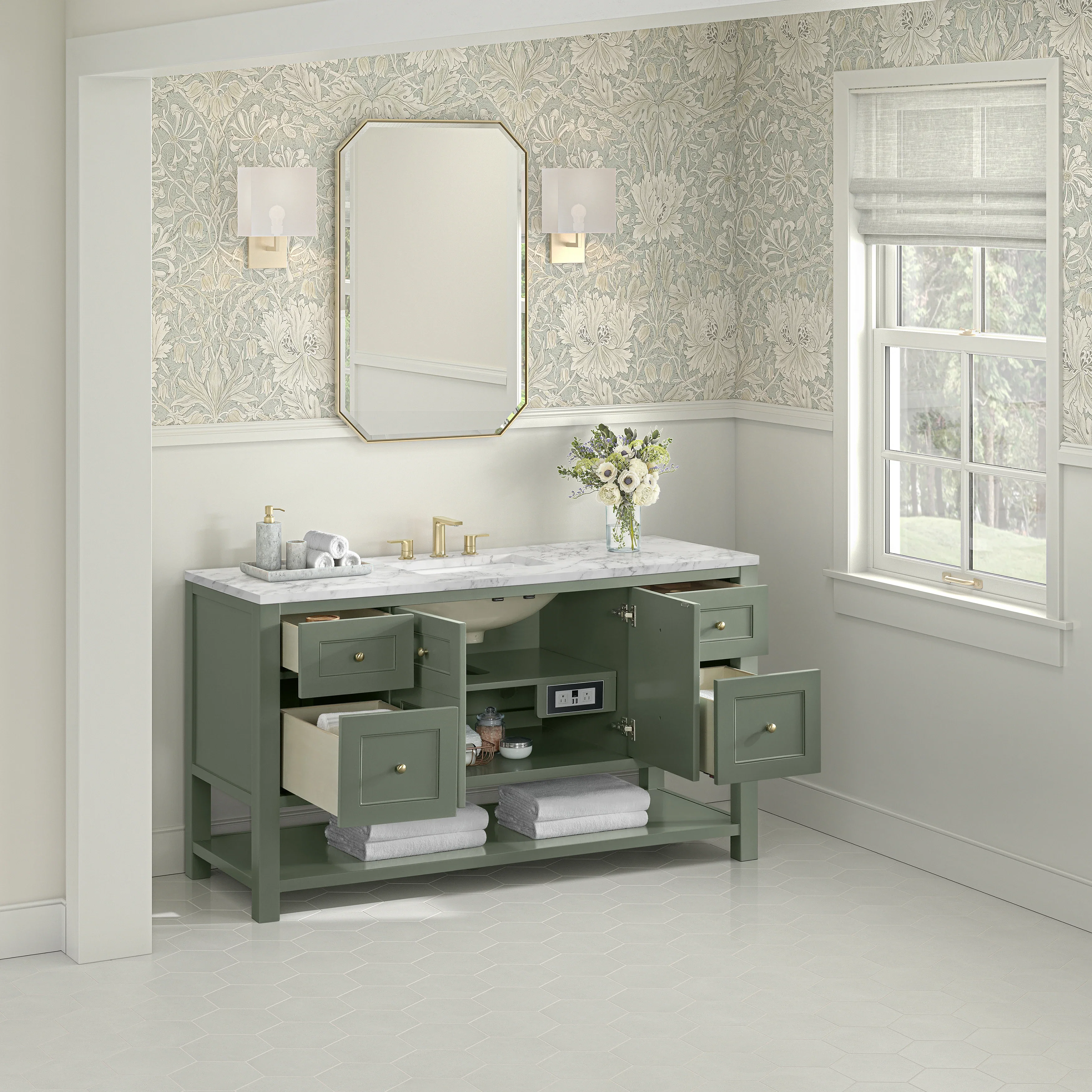 Breckenridge 60" Single Vanity, Smokey Celadon, w/ 3 CM Carrara Marble Top