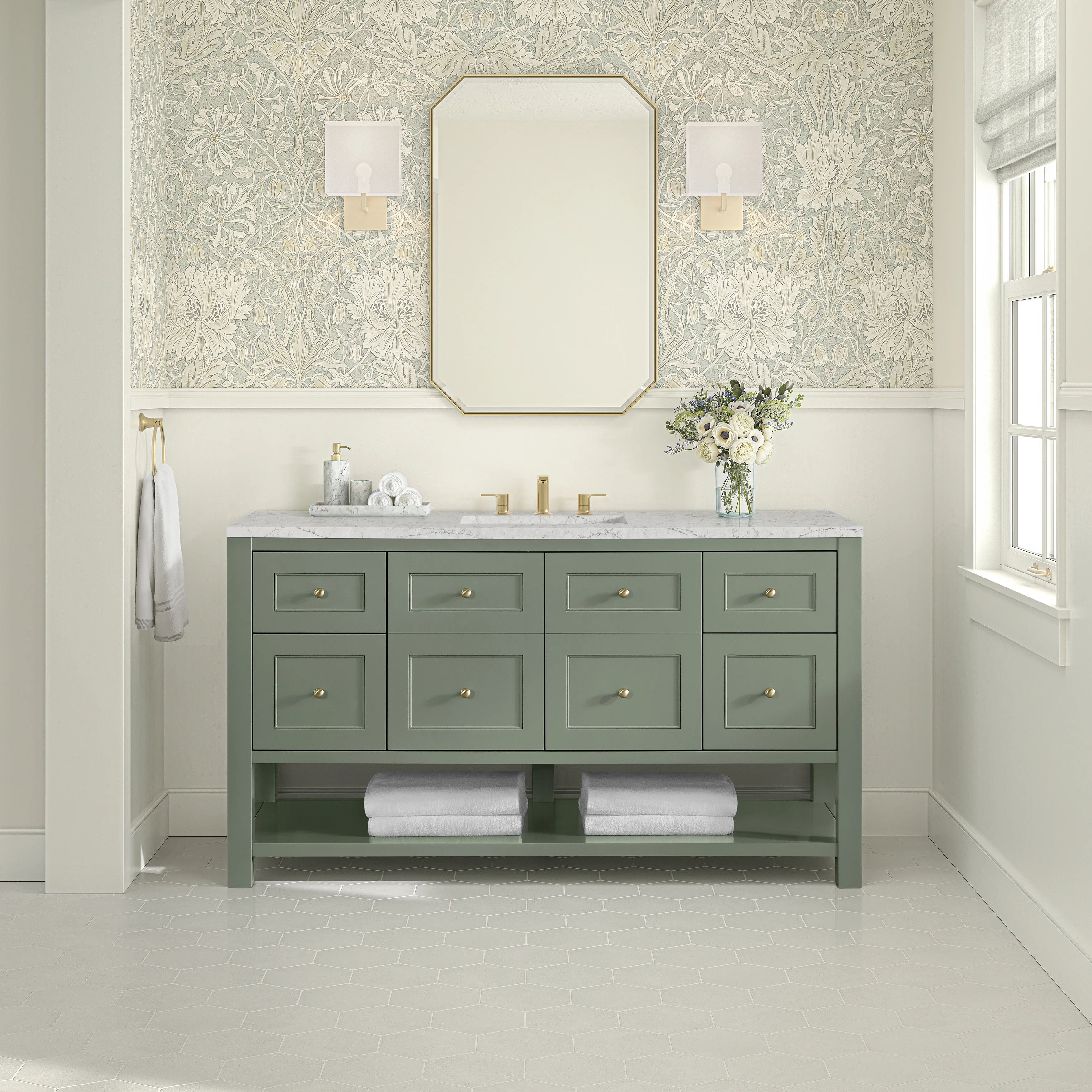 Breckenridge 60" Single Vanity, Smokey Celadon, w/ 3 CM Eternal Jasmine Pearl Quartz Top