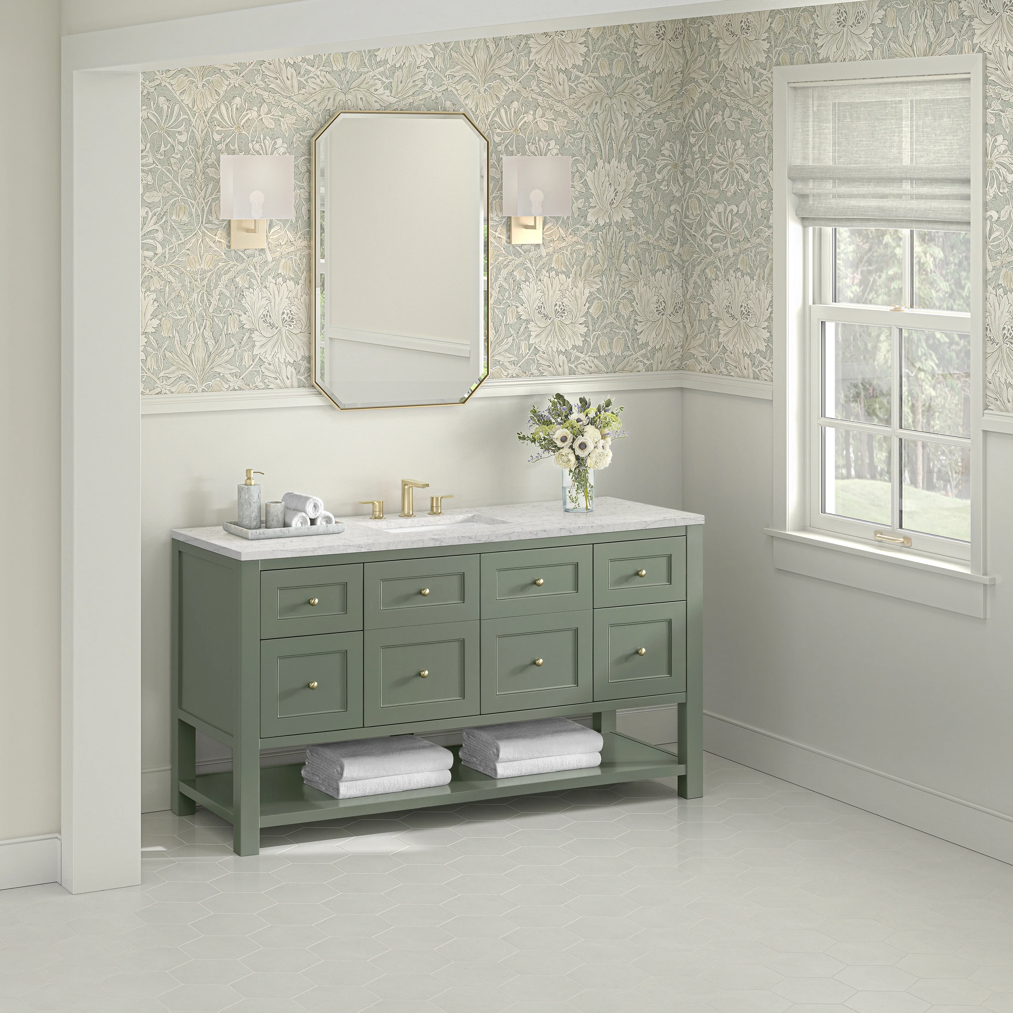 Breckenridge 60" Single Vanity, Smokey Celadon, w/ 3 CM Eternal Jasmine Pearl Quartz Top