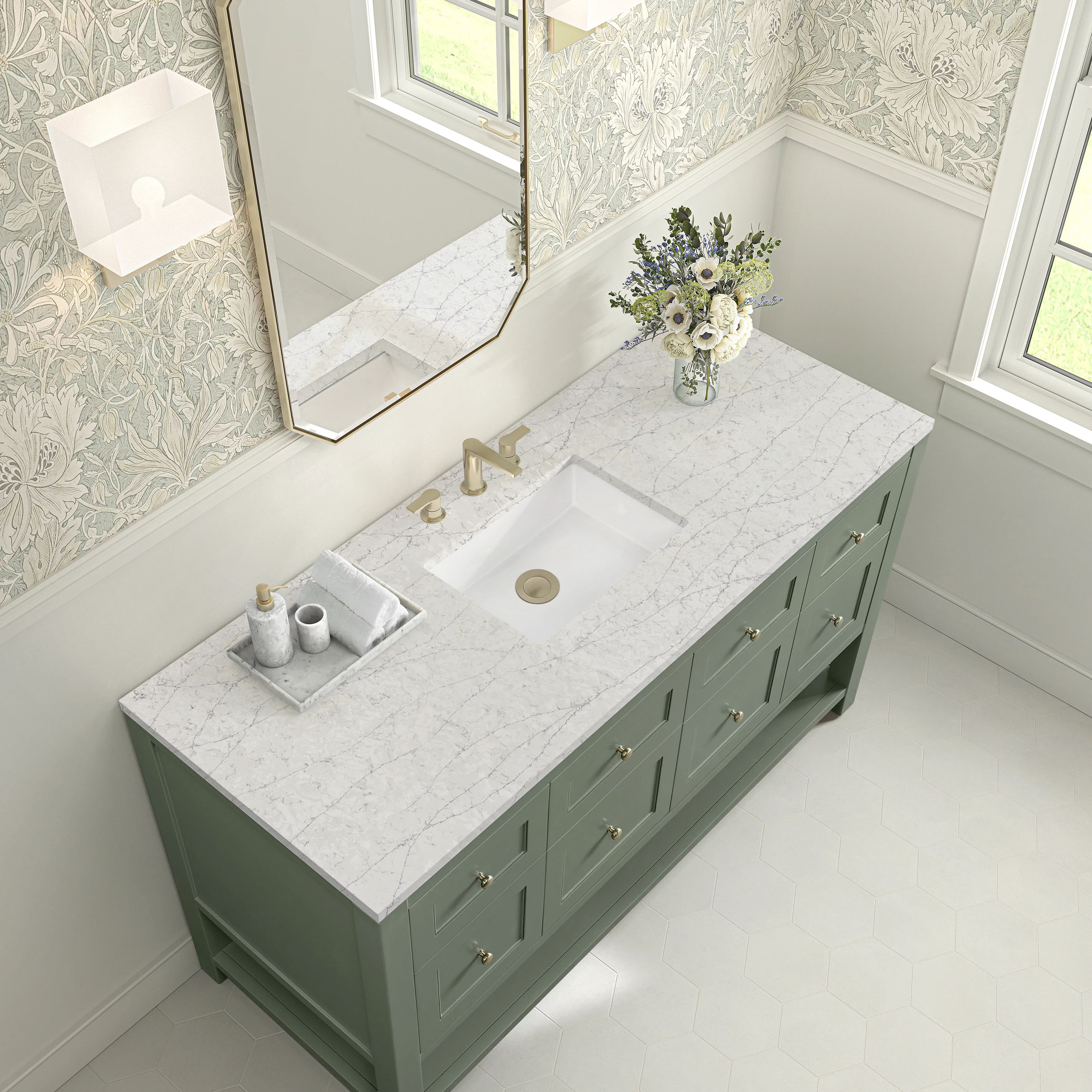 Breckenridge 60" Single Vanity, Smokey Celadon, w/ 3 CM Eternal Jasmine Pearl Quartz Top