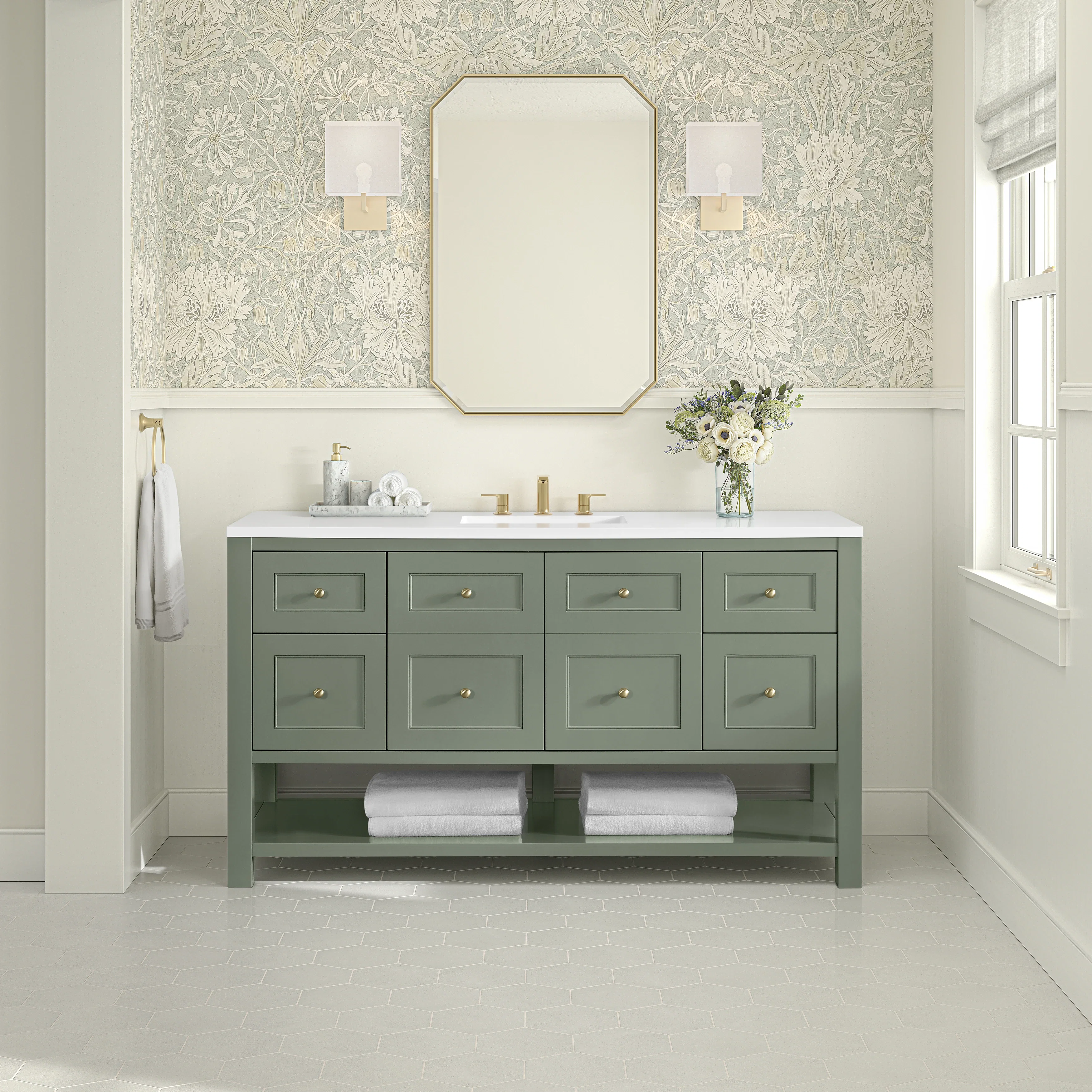 Breckenridge 60" Single Vanity, Smokey Celadon, w/ 3 CM White Zeus Quartz Top