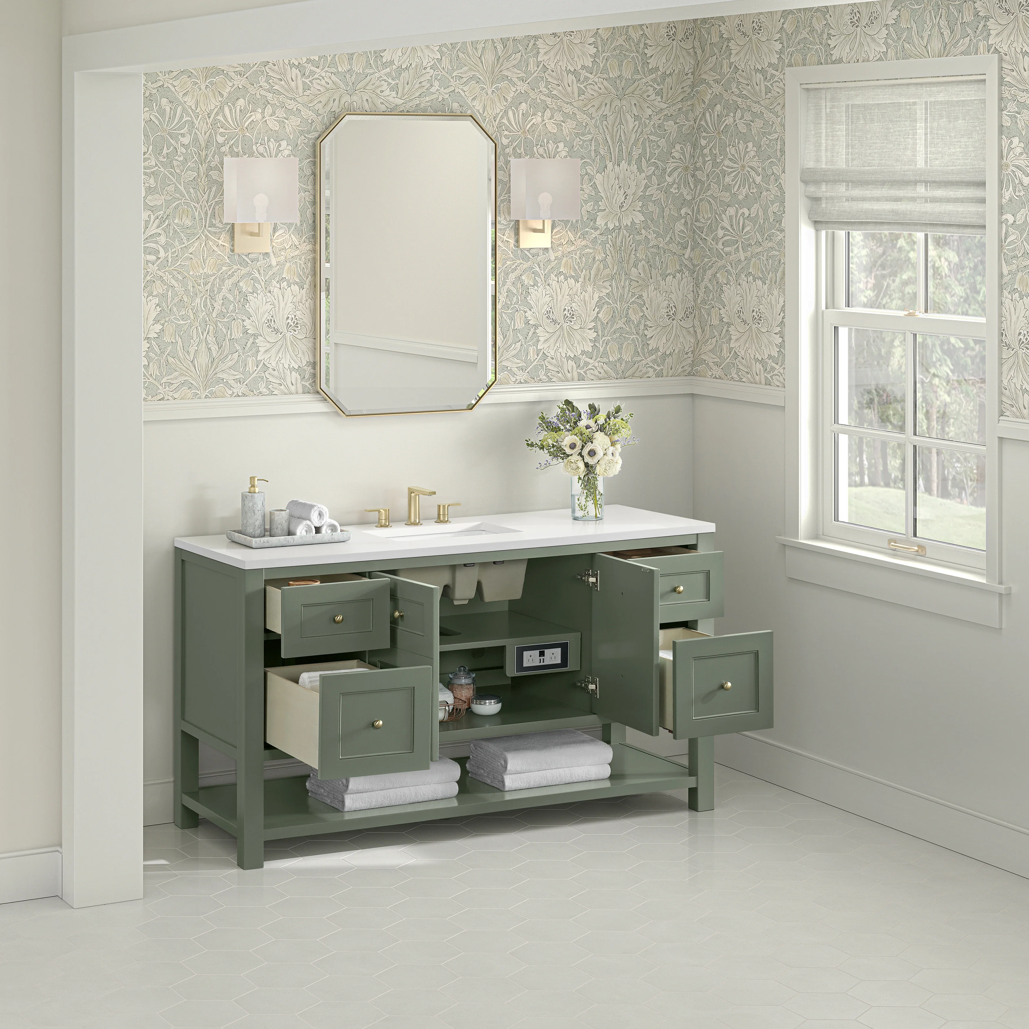 Breckenridge 60" Single Vanity, Smokey Celadon, w/ 3 CM White Zeus Quartz Top