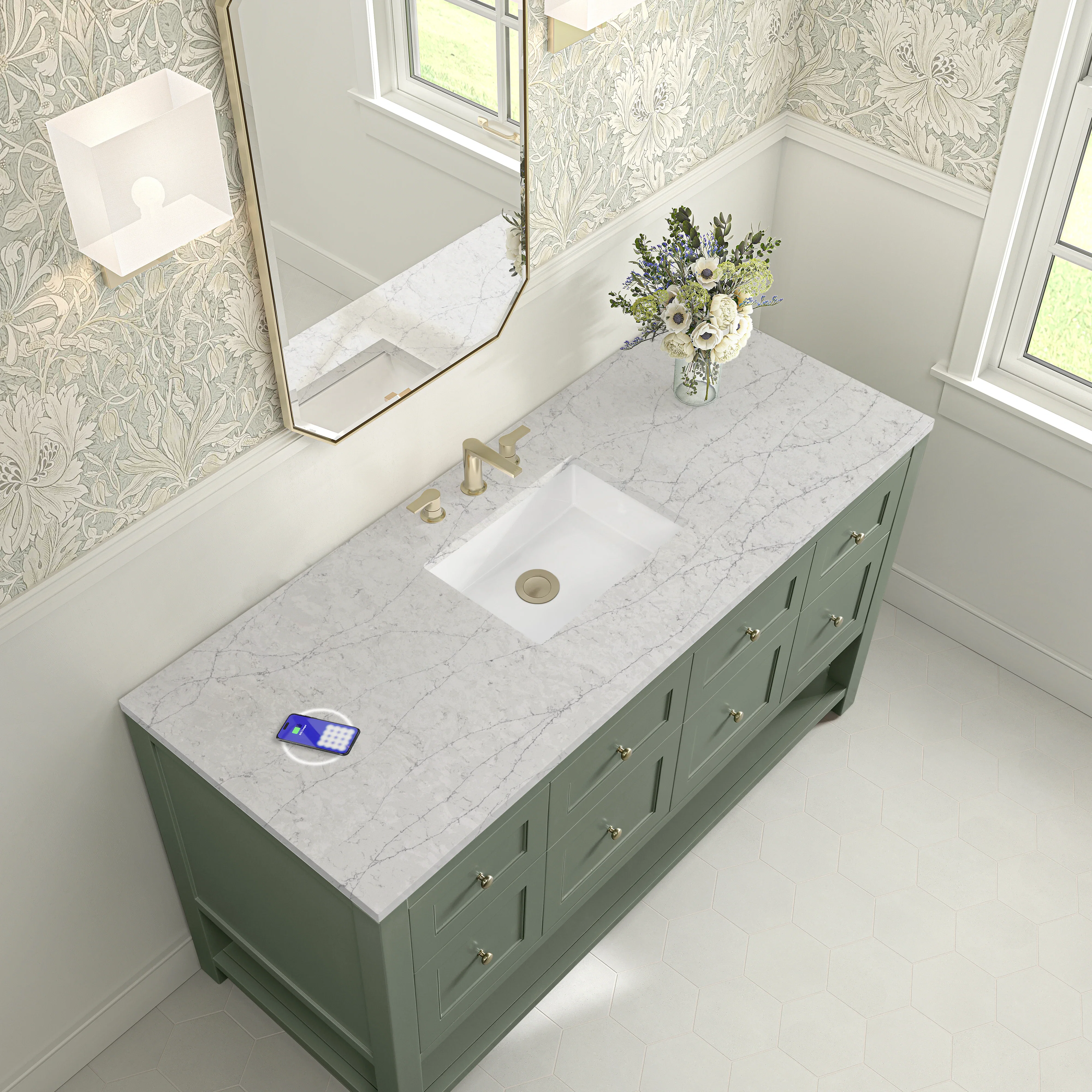 Breckenridge 60" Single Vanity, Smokey Celadon, w/ 3 CM Eternal Jasmine Pearl Silestone Top w/ FreePower Wireless Charger