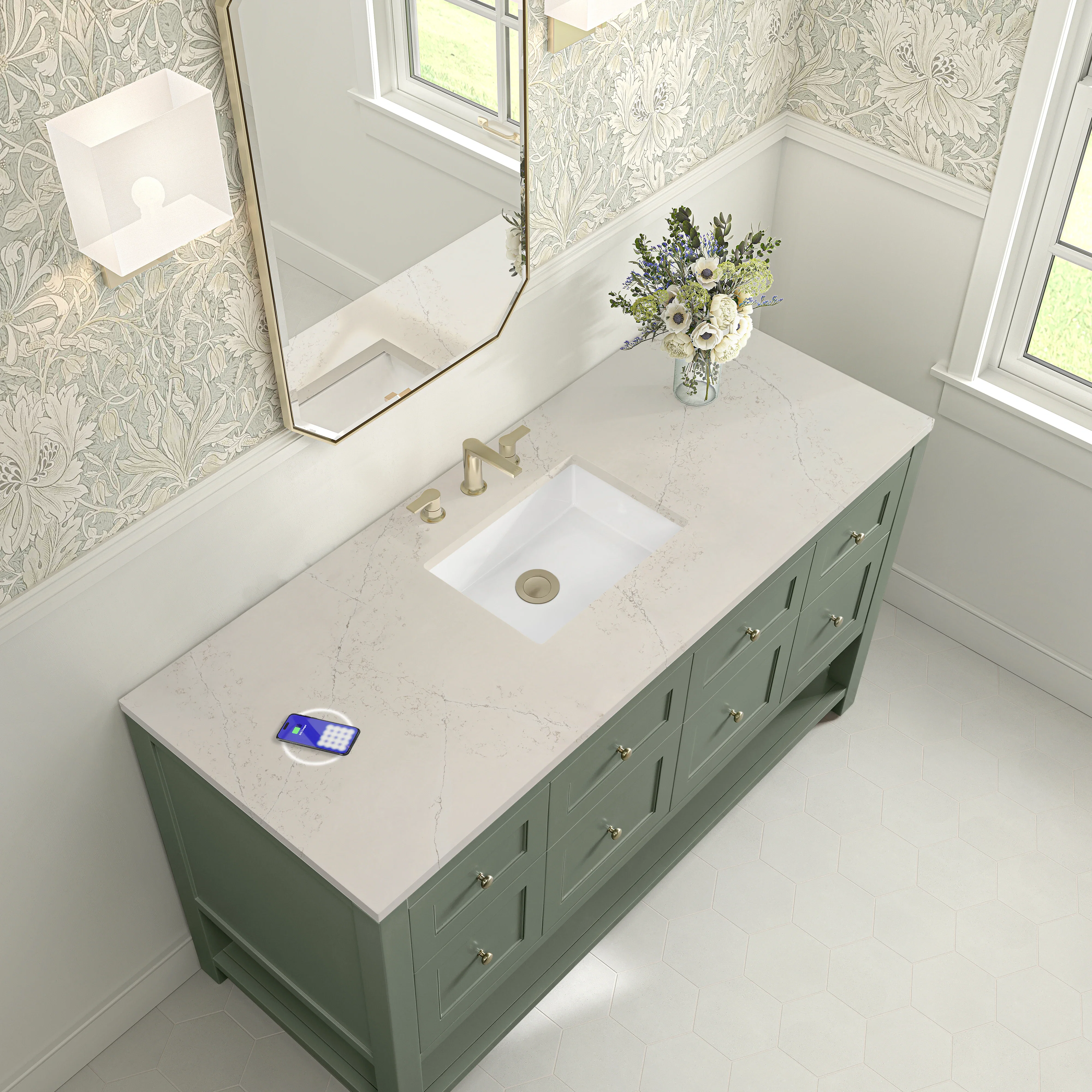 Breckenridge 60" Single Vanity, Smokey Celadon, w/ 3 CM Siberian Silestone Top w/FreePower Wireless Charger