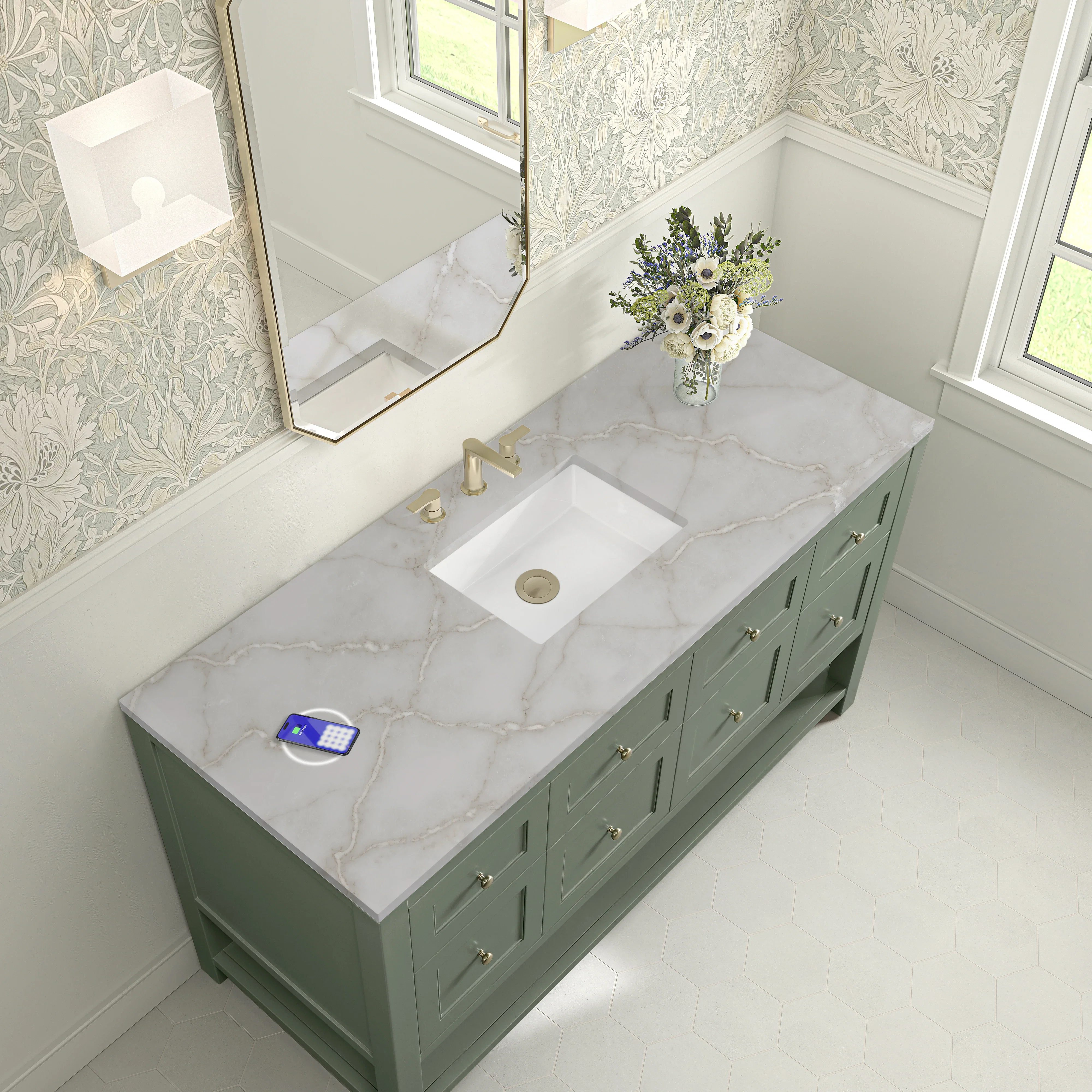 Breckenridge 60" Single Vanity, Smokey Celadon, w/ 3 CM Victorian Silver Silestone Top w/ FreePower Wireless Charger