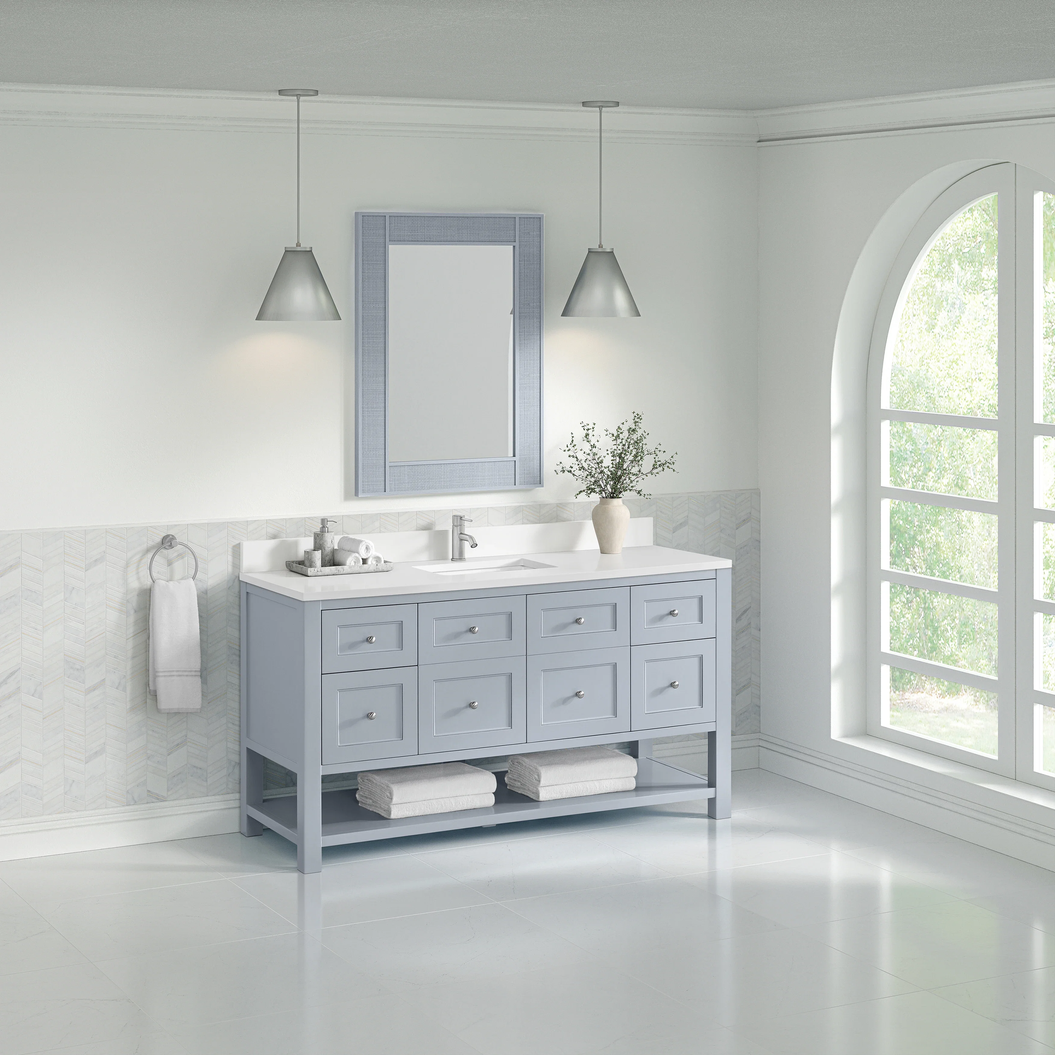Breckenridge 60" Single Vanity, Serenity Blue, w/ Single Hole 3 CM White Zeus Quartz Top & Backsplash