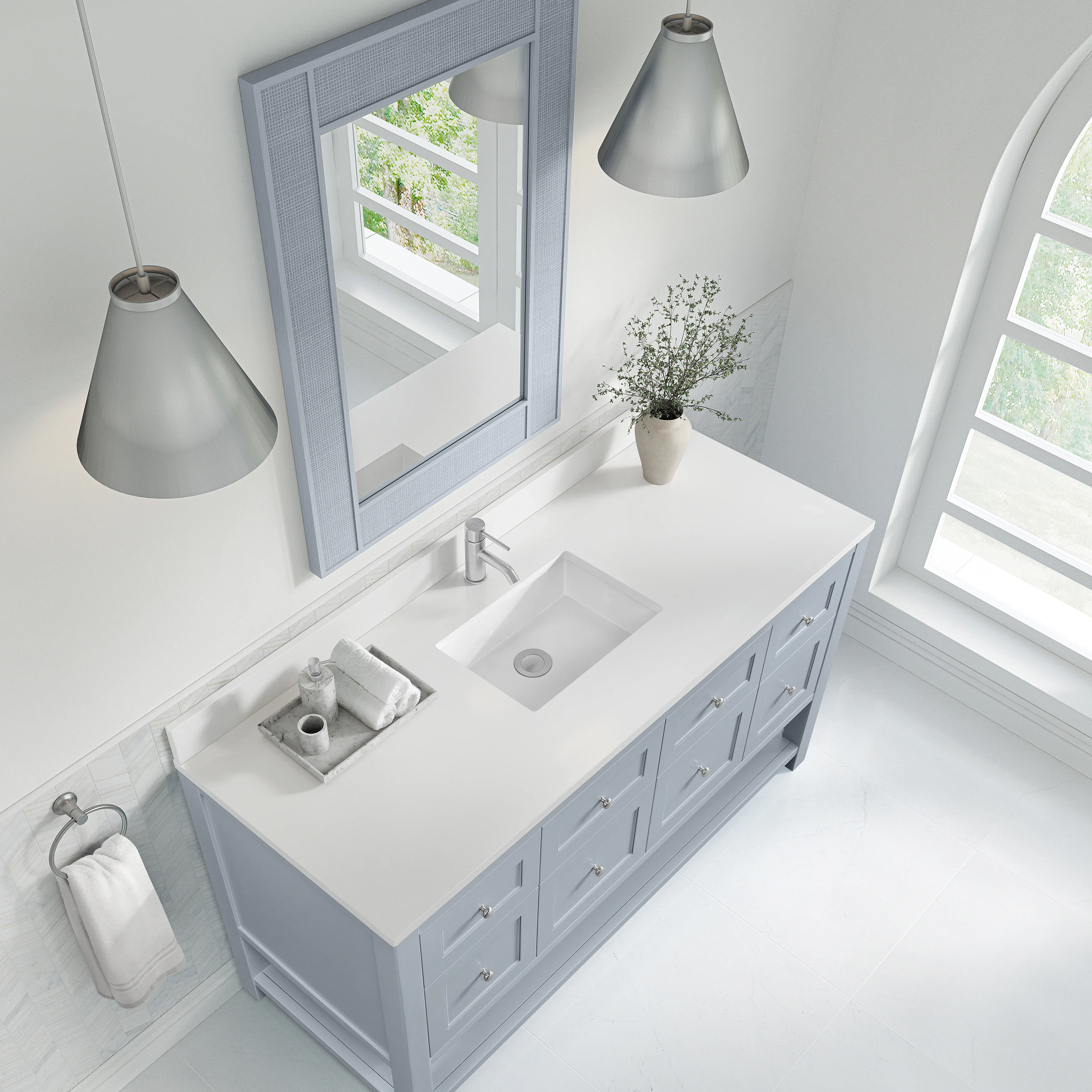 Breckenridge 60" Single Vanity, Serenity Blue, w/ Single Hole 3 CM White Zeus Quartz Top & Backsplash