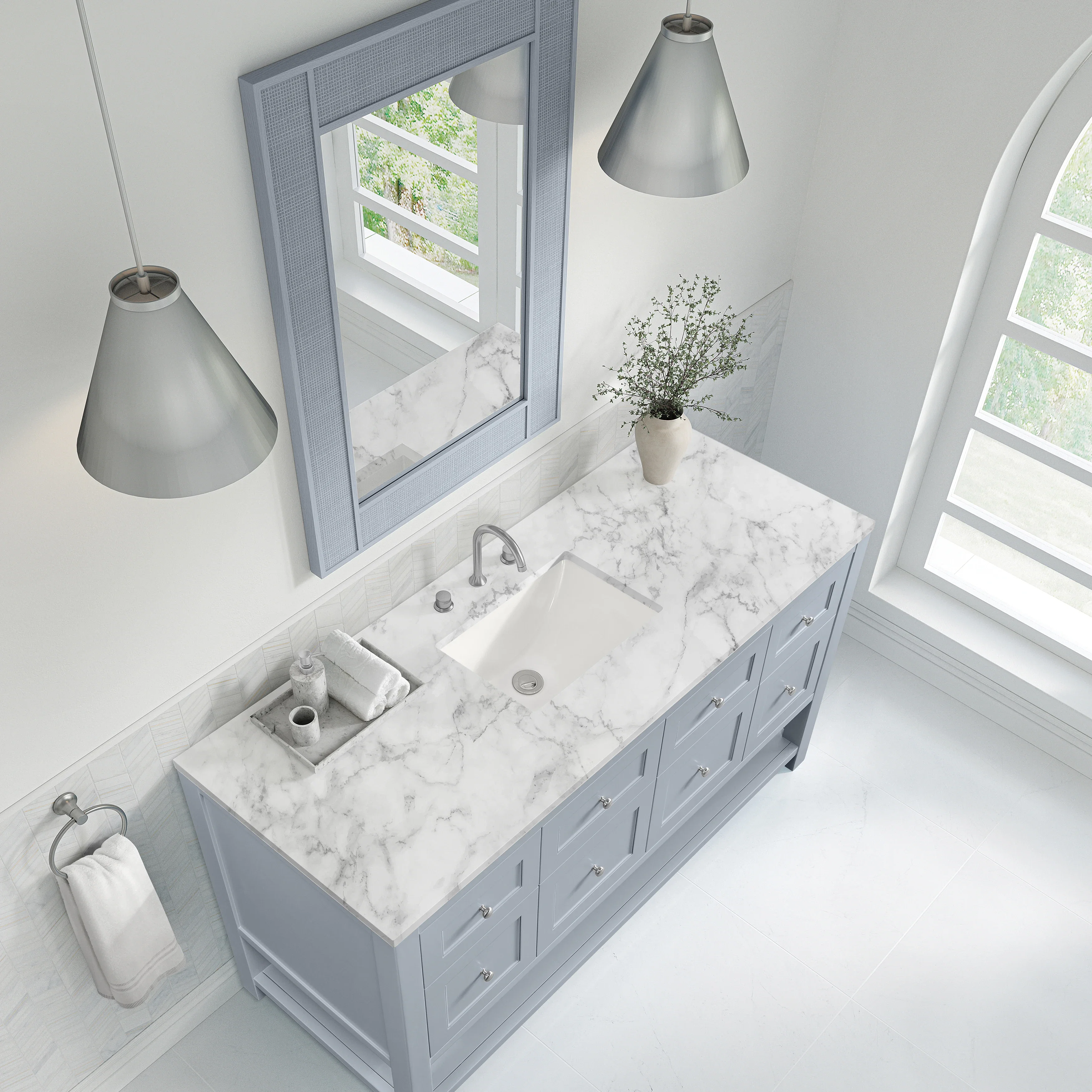 Breckenridge 60" Single Vanity, Serenity Blue, w/ 3 CM Carrara Marble Top