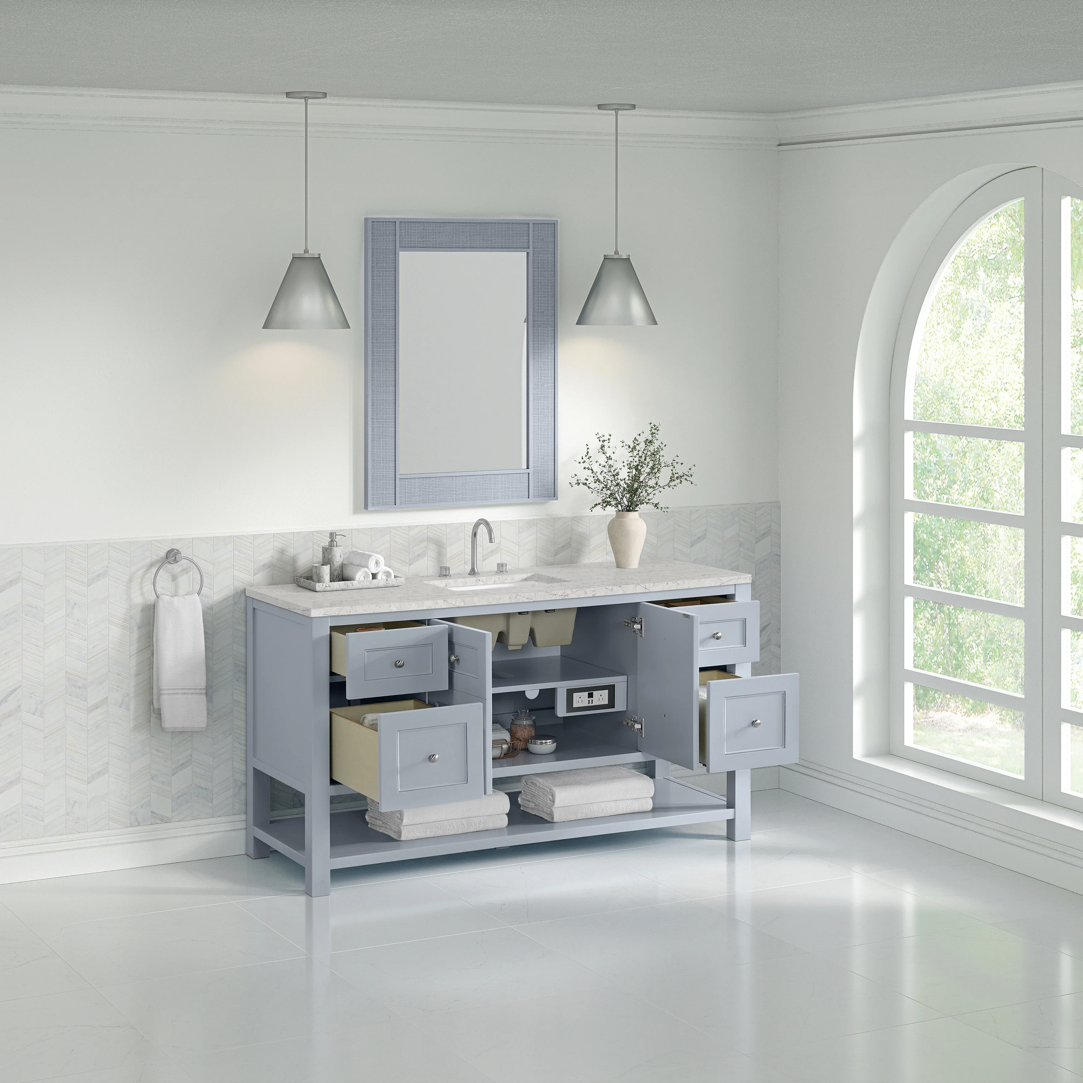 Breckenridge 60" Single Vanity, Serenity Blue, w/ 3 CM Eternal Jasmine Pearl Quartz Top