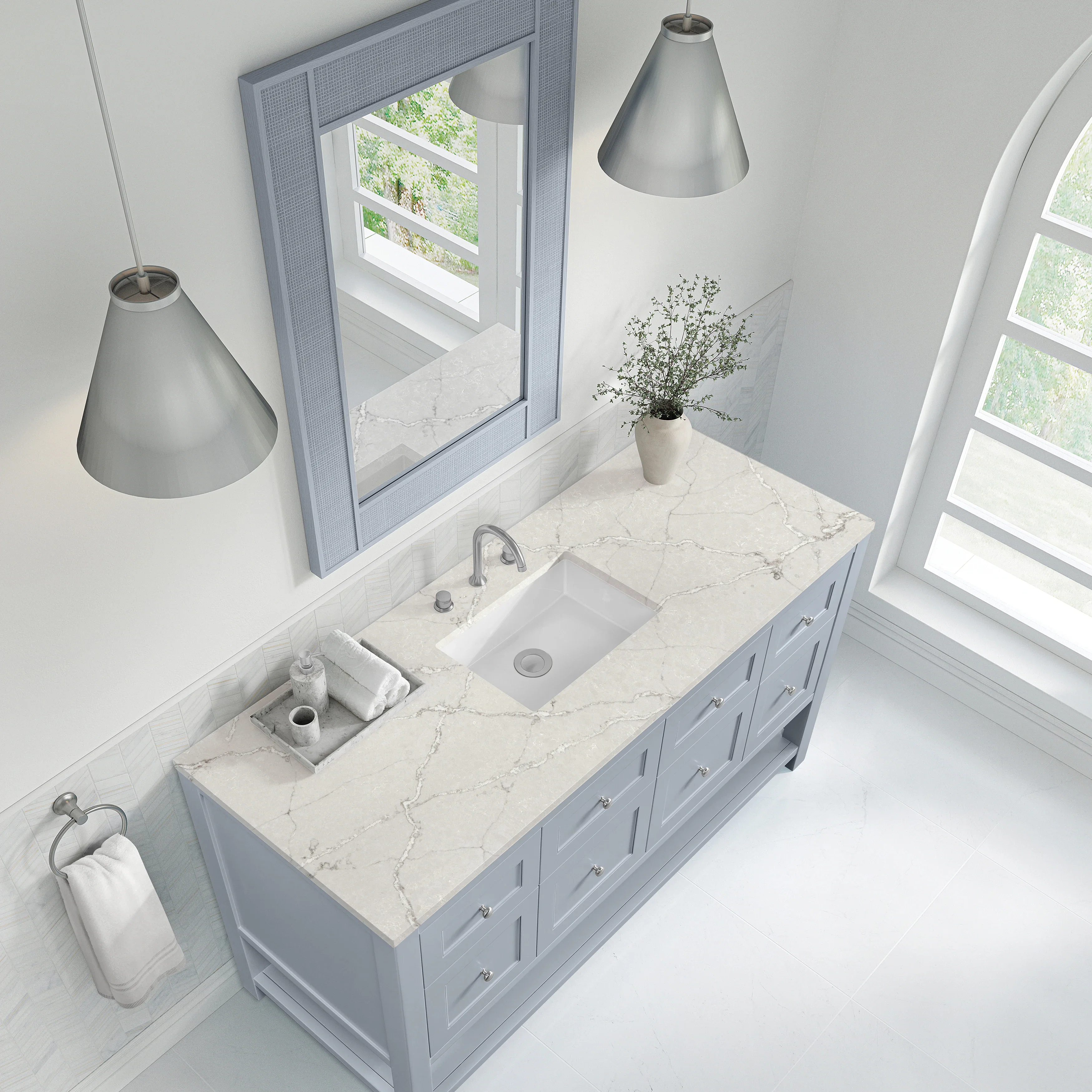 Breckenridge 60" Single Vanity, Serenity Blue, w/ 3 CM Victorian Silver Quartz Top