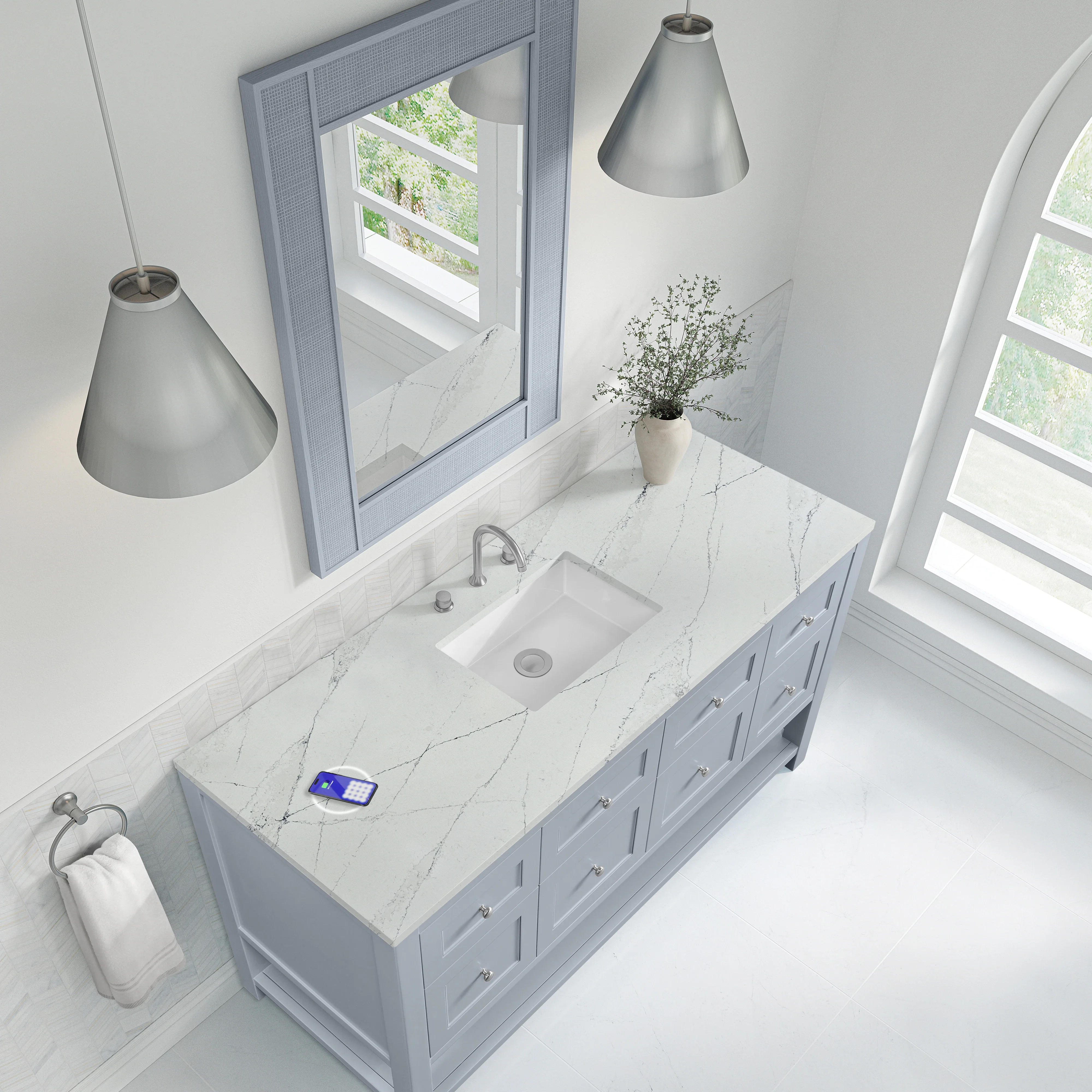 Breckenridge 60" Single Vanity, Serenity Blue, w/ 3 CM Ethereal Noctis Silestone Top w/ FreePower Wireless Charger