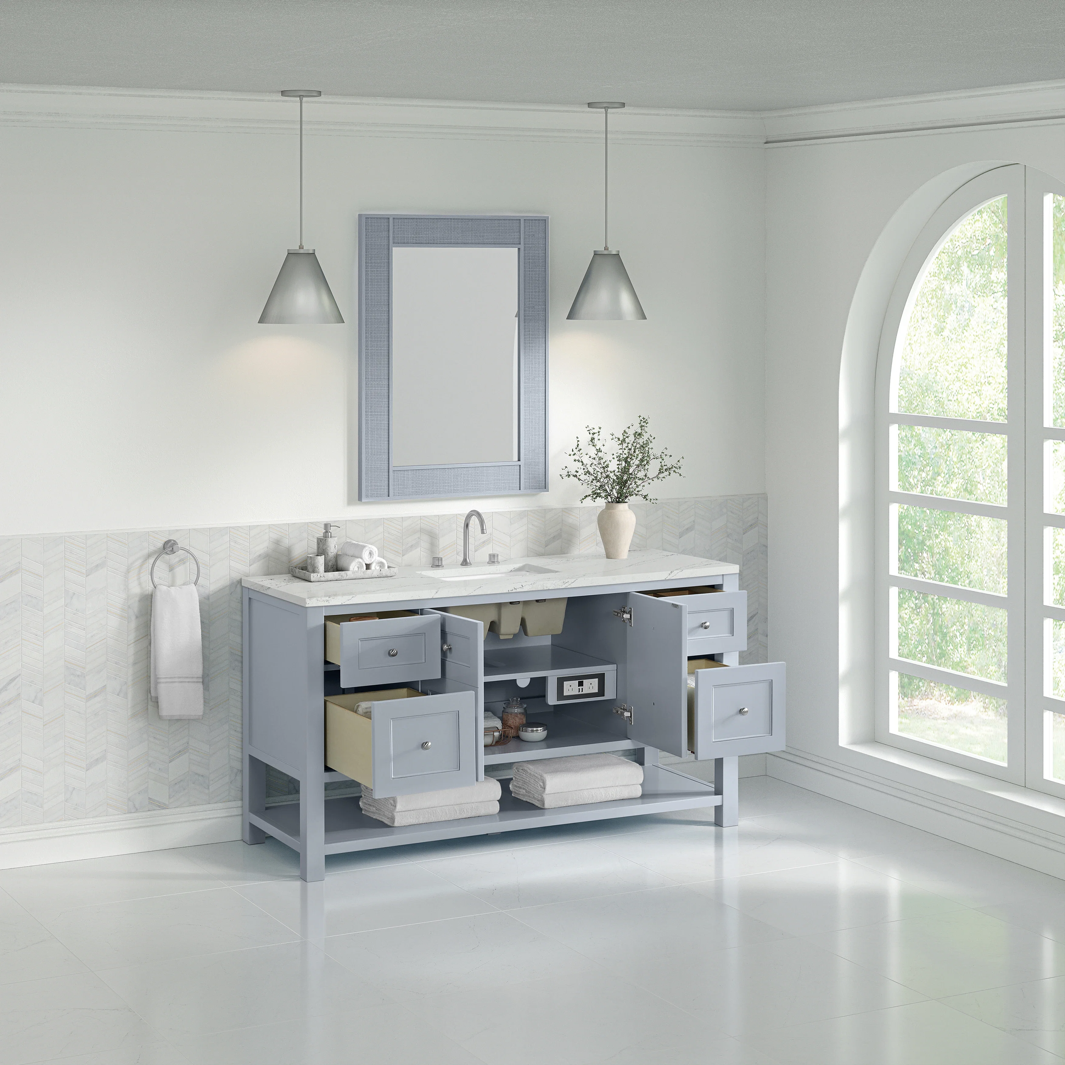Breckenridge 60" Single Vanity, Serenity Blue, w/ 3 CM Ethereal Noctis Silestone Top w/ FreePower Wireless Charger