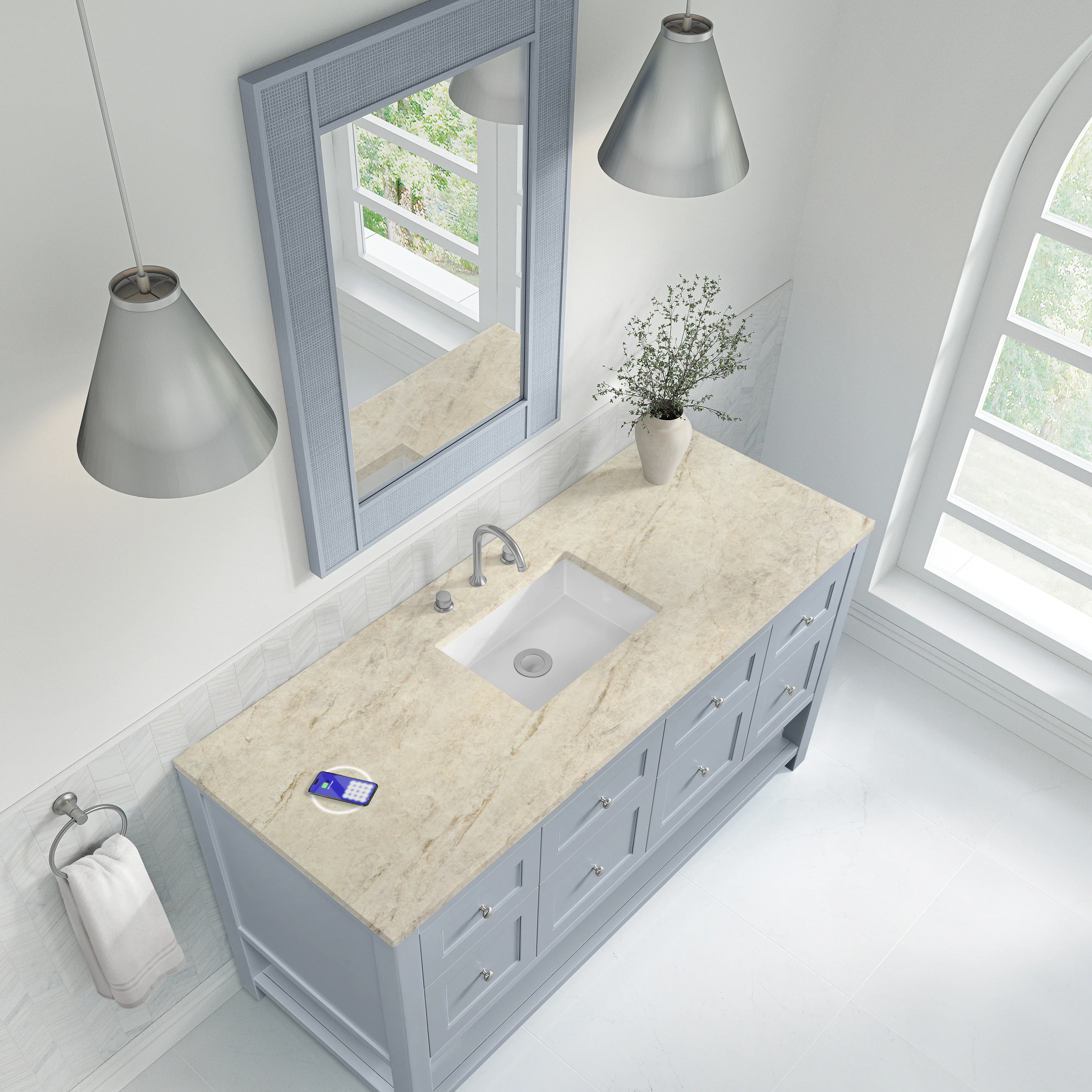 Breckenridge 60" Single Vanity, Serenity Blue, w/ 3 CM Tajnar Eclos Top w/FreePower Wireless Charger