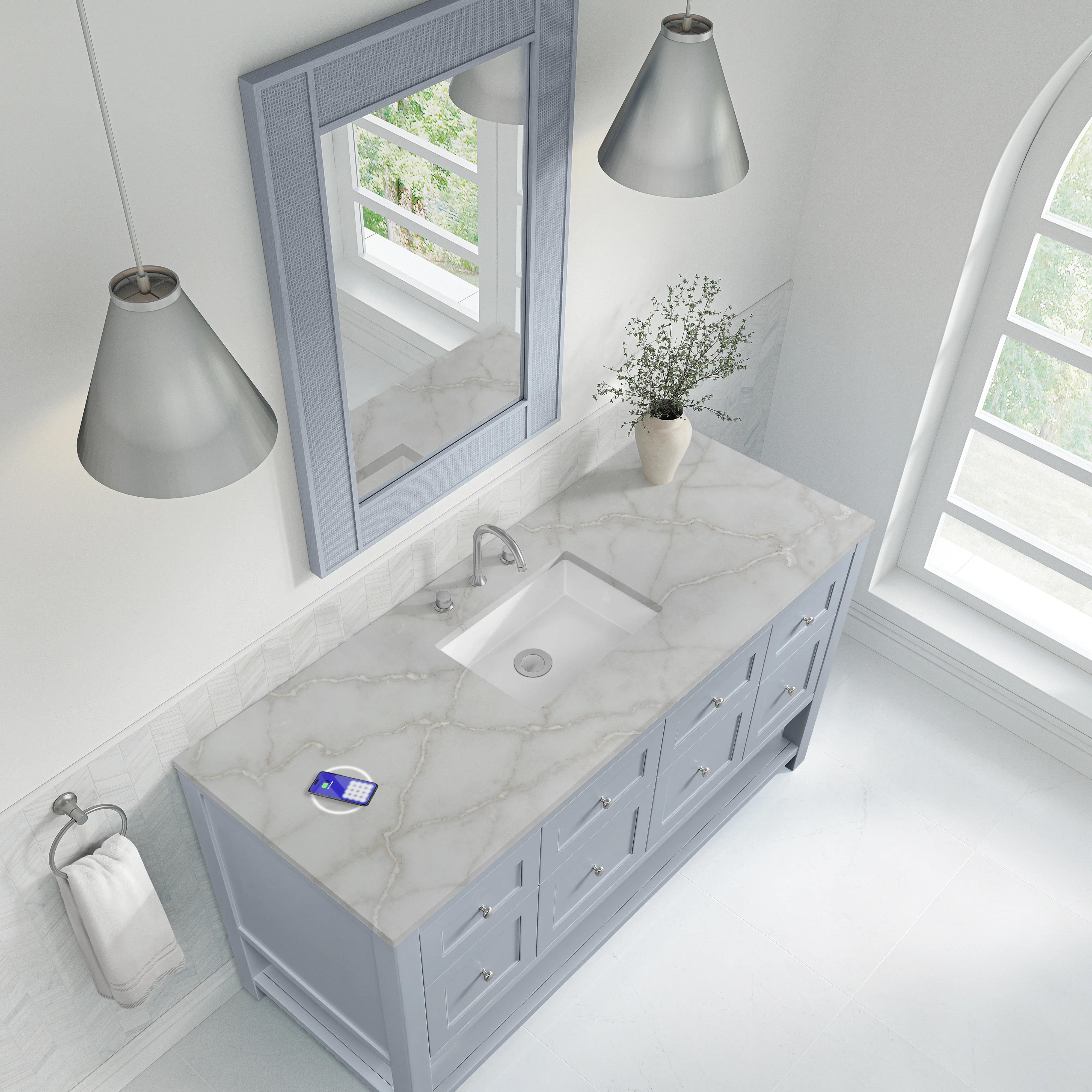 Breckenridge 60" Single Vanity, Serenity Blue, w/ 3 CM Victorian Silver Silestone Top w/ FreePower Wireless Charger