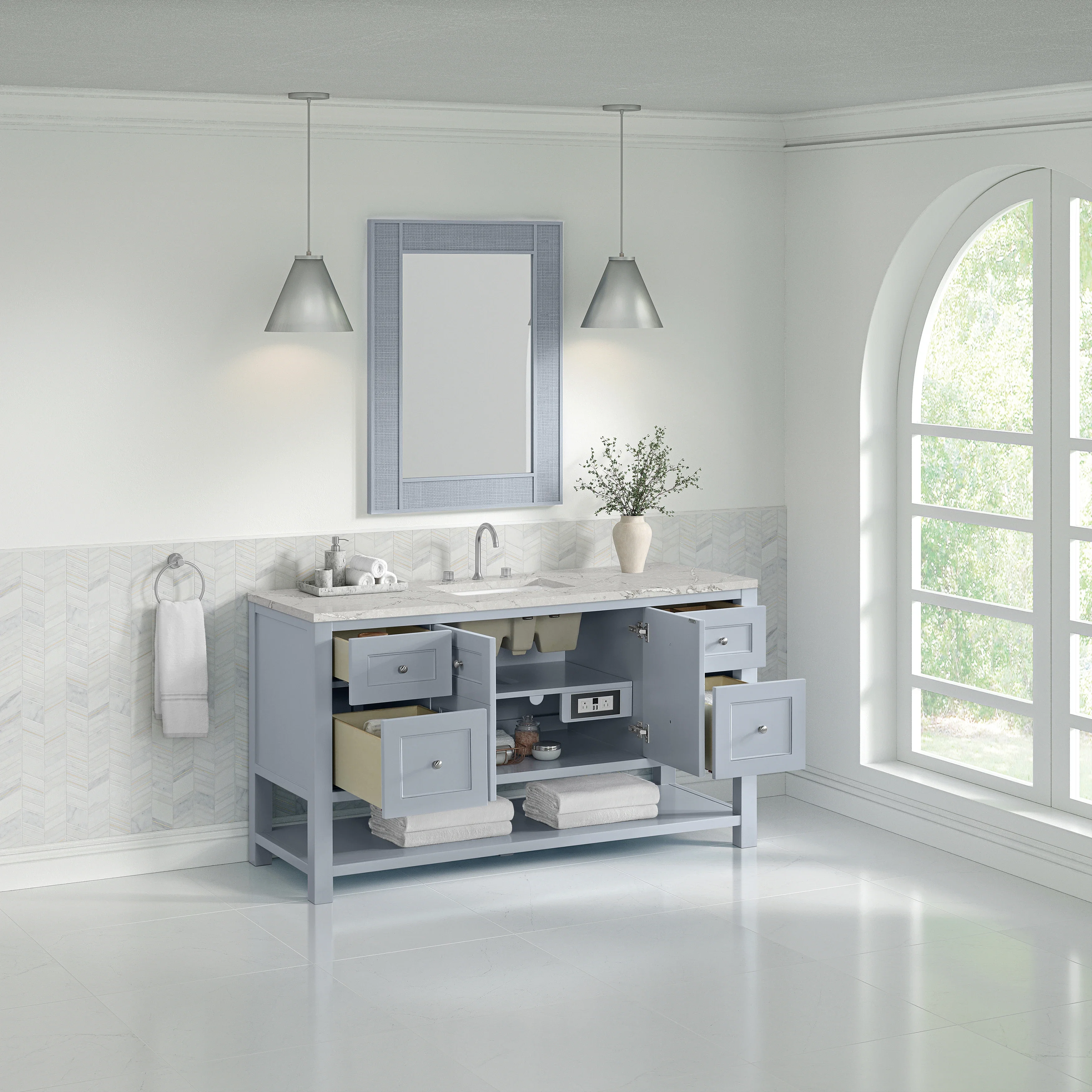 Breckenridge 60" Single Vanity, Serenity Blue, w/ 3 CM Victorian Silver Silestone Top w/ FreePower Wireless Charger