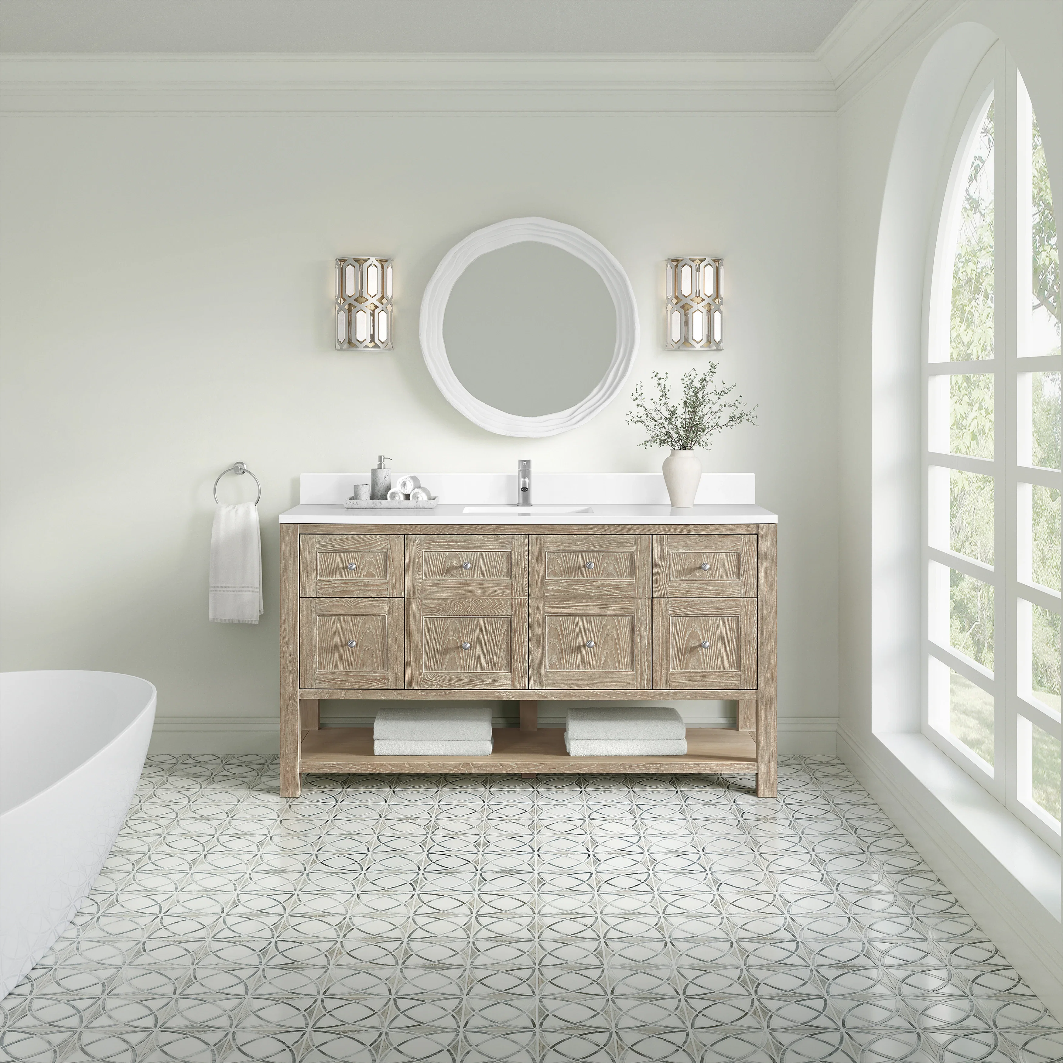 Breckenridge 60" Single Vanity, Whitewashed Oak, w/ Single Hole 3 CM White Zeus Quartz Top & Backsplash