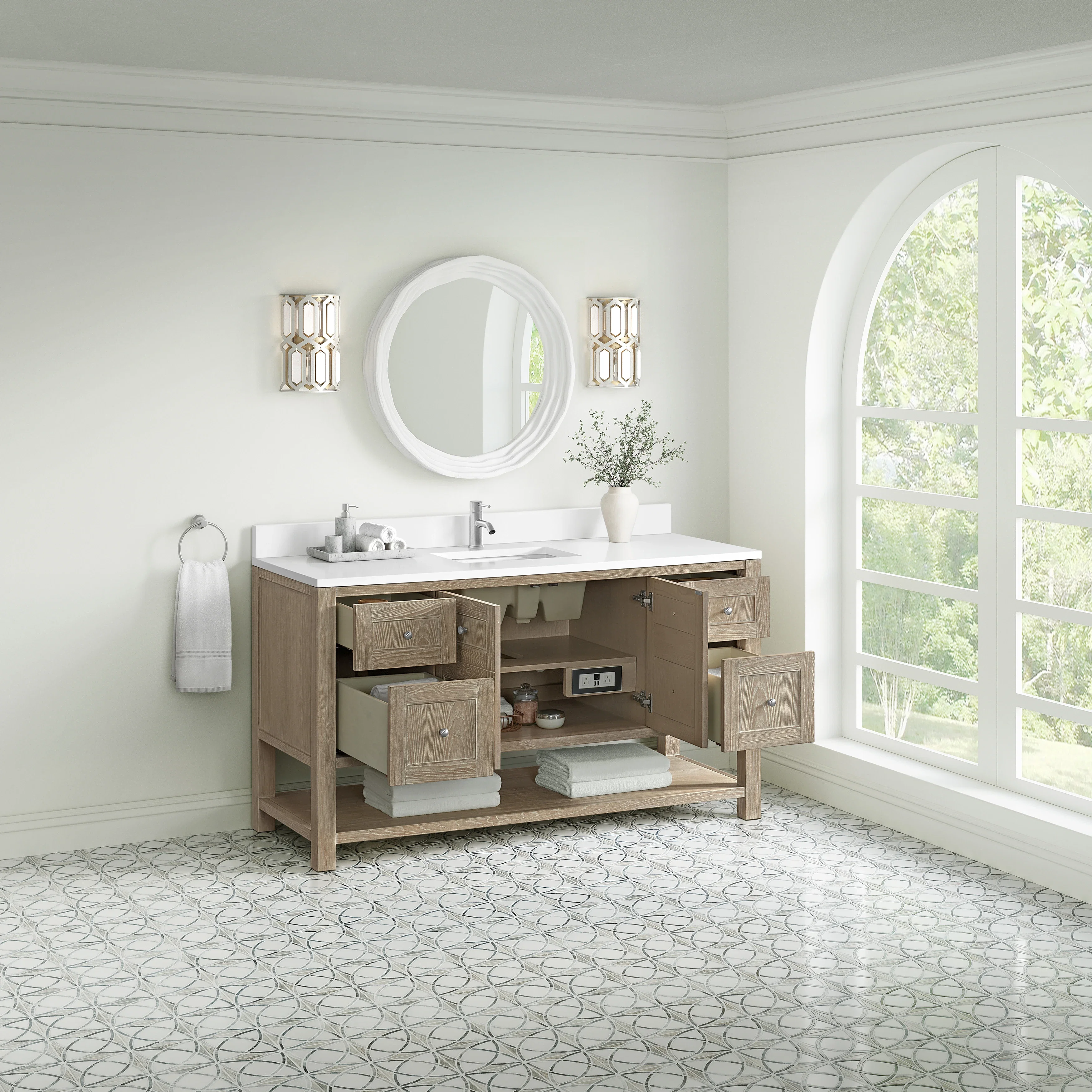 Breckenridge 60" Single Vanity, Whitewashed Oak, w/ Single Hole 3 CM White Zeus Quartz Top & Backsplash