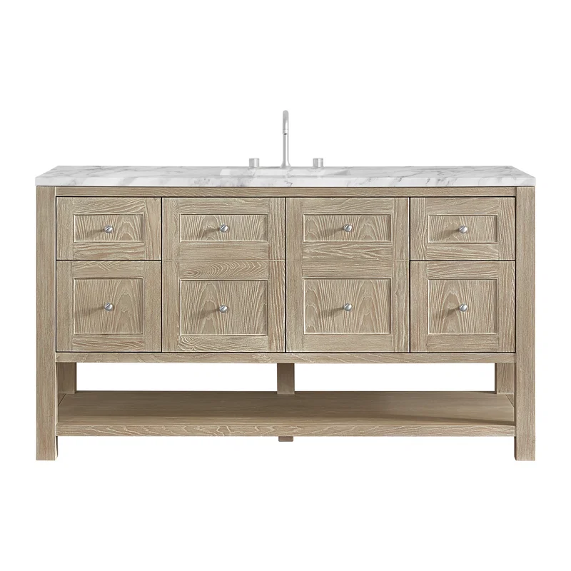 Breckenridge 60" Single Vanity, Whitewashed Oak, w/ 3 CM Carrara Marble Top