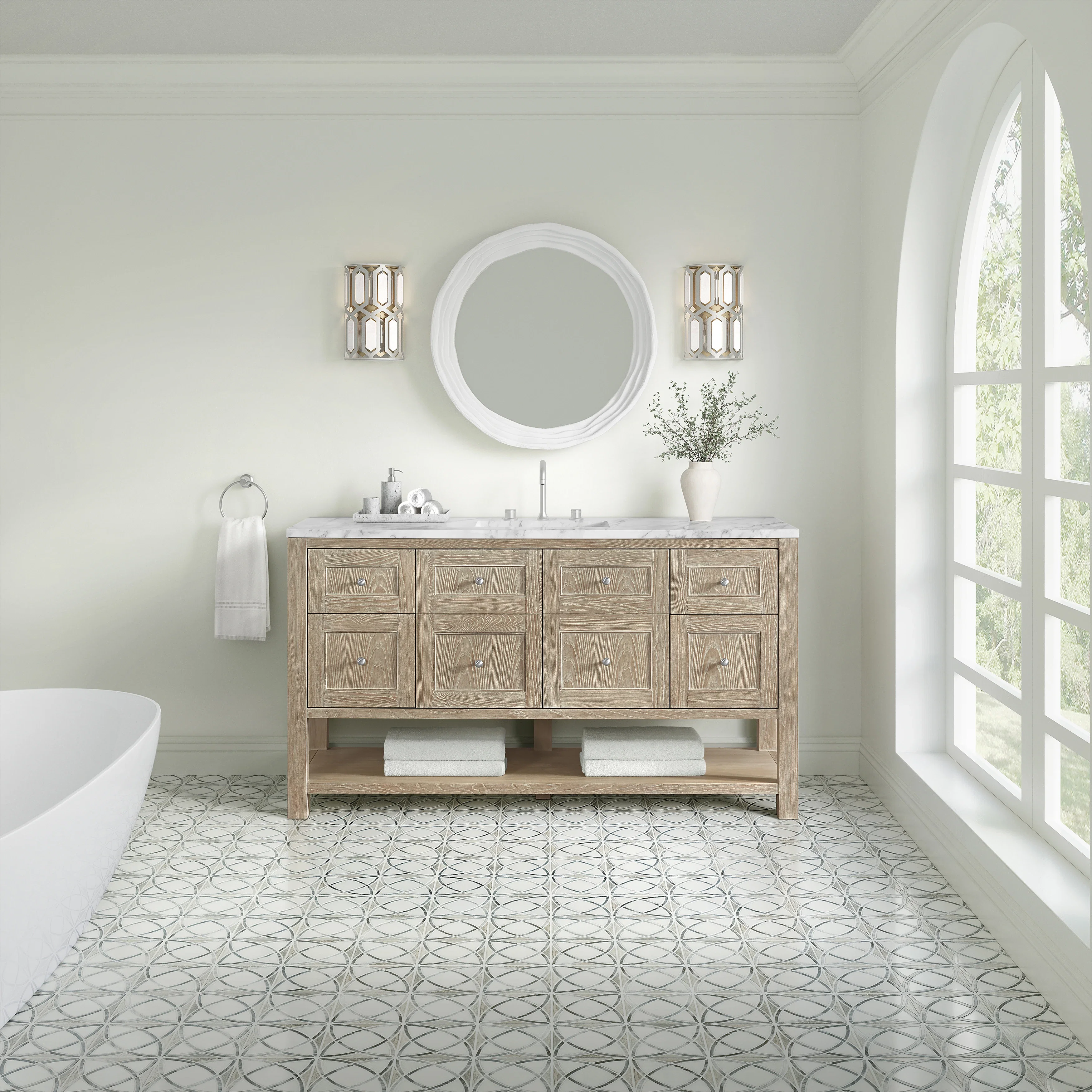 Breckenridge 60" Single Vanity, Whitewashed Oak, w/ 3 CM Carrara Marble Top