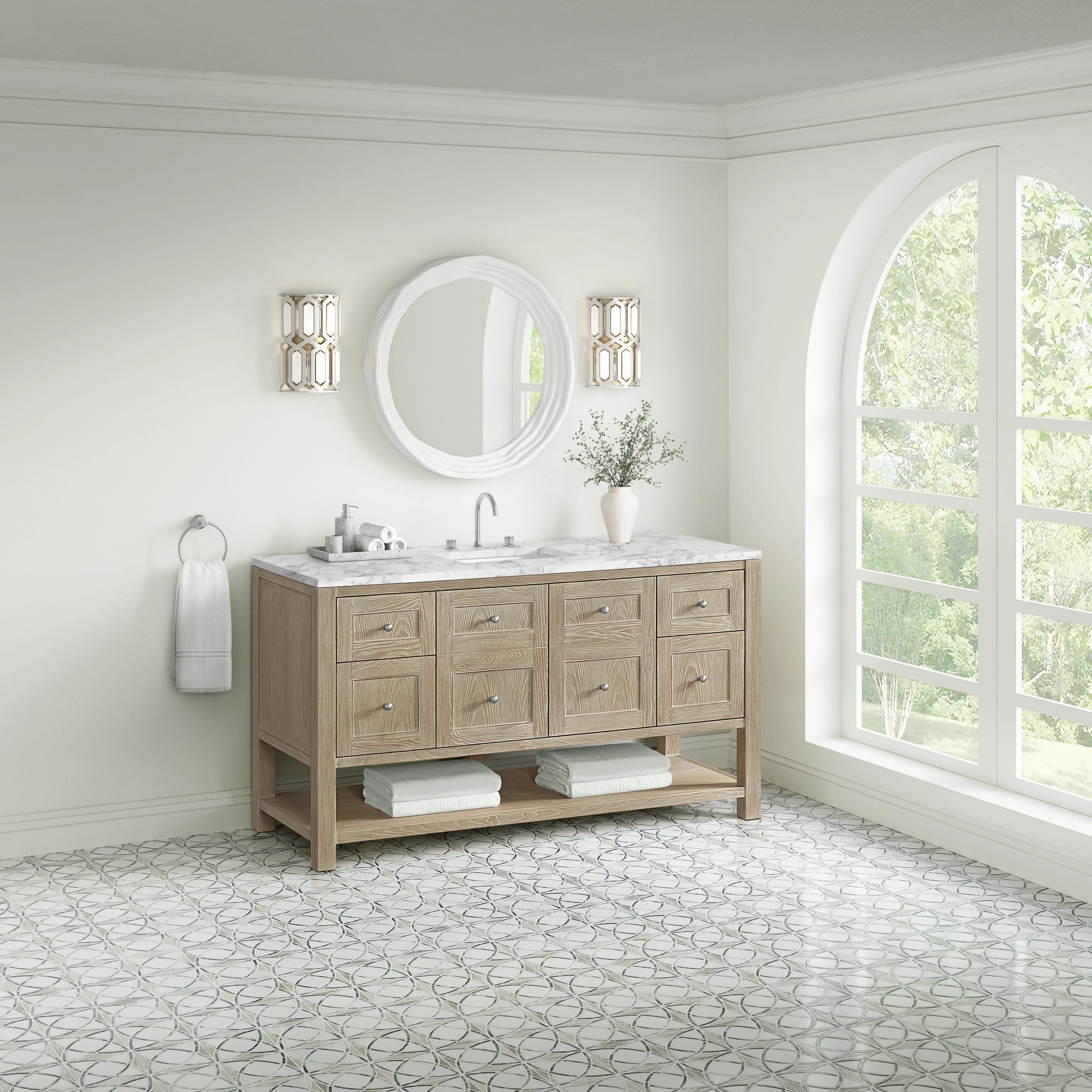 Breckenridge 60" Single Vanity, Whitewashed Oak, w/ 3 CM Carrara Marble Top