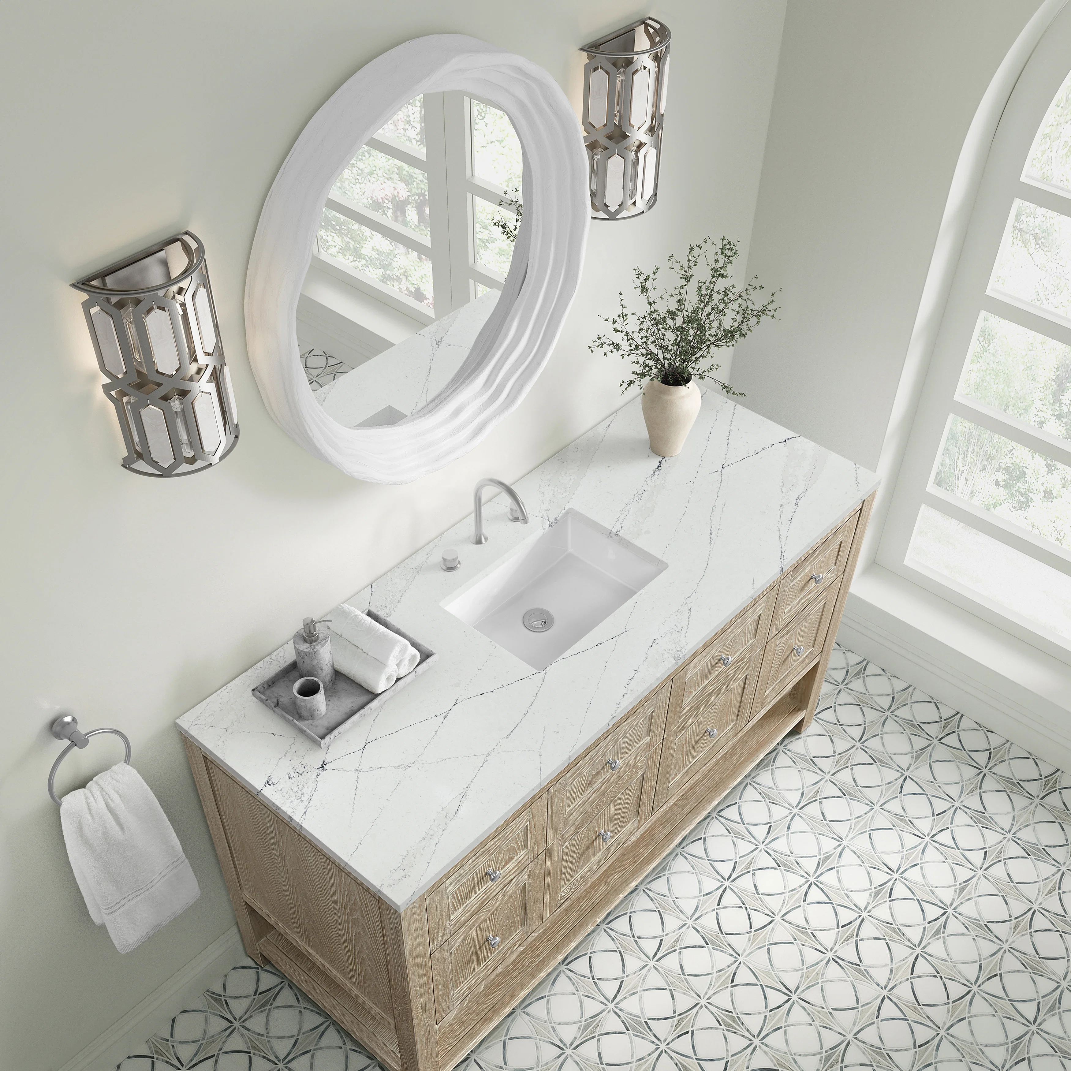 Breckenridge 60" Single Vanity, Whitewashed Oak, w/ 3 CM Ethereal Noctis Quartz Top