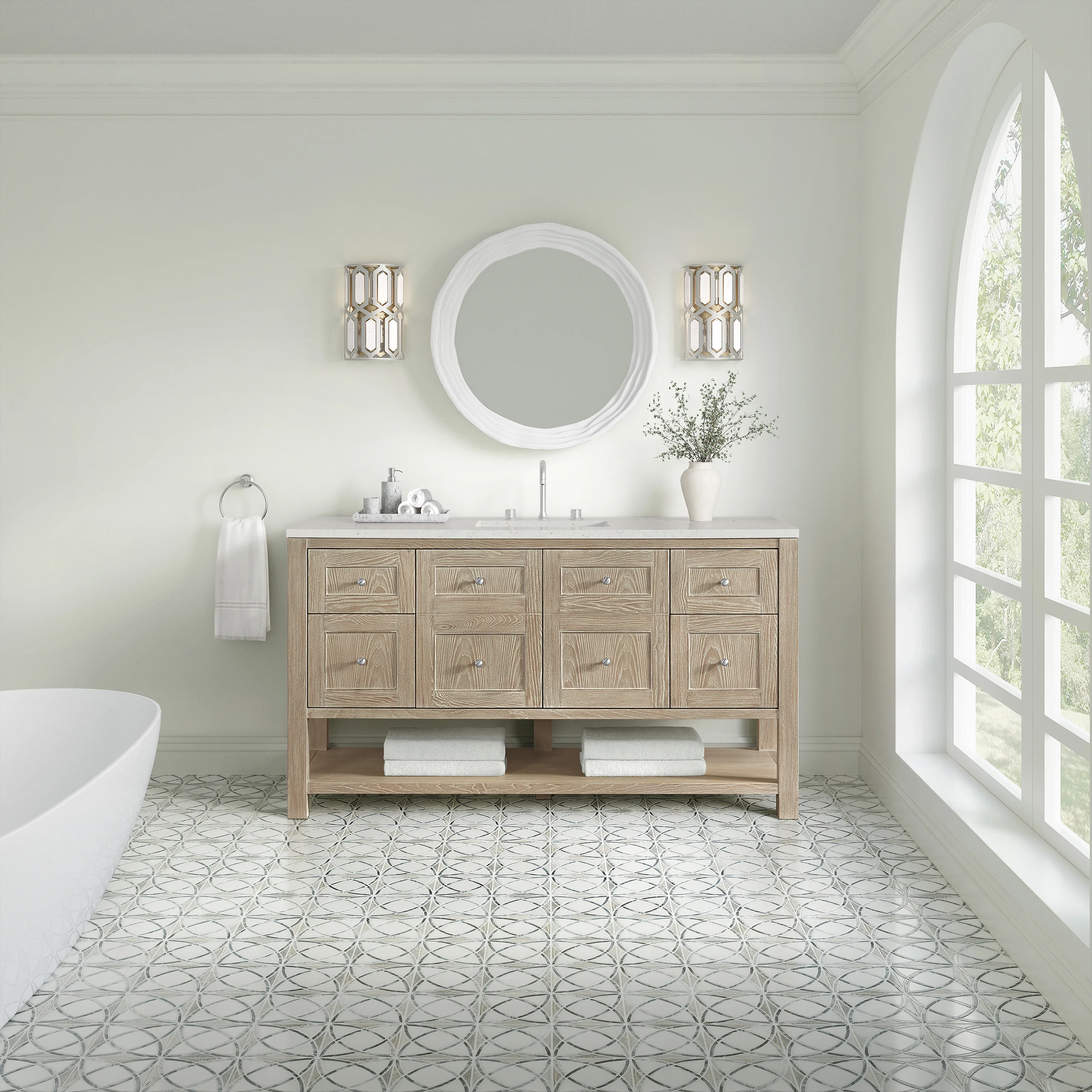 Breckenridge 60" Single Vanity, Whitewashed Oak, w/ 3 CM Lime Delight Quartz Top