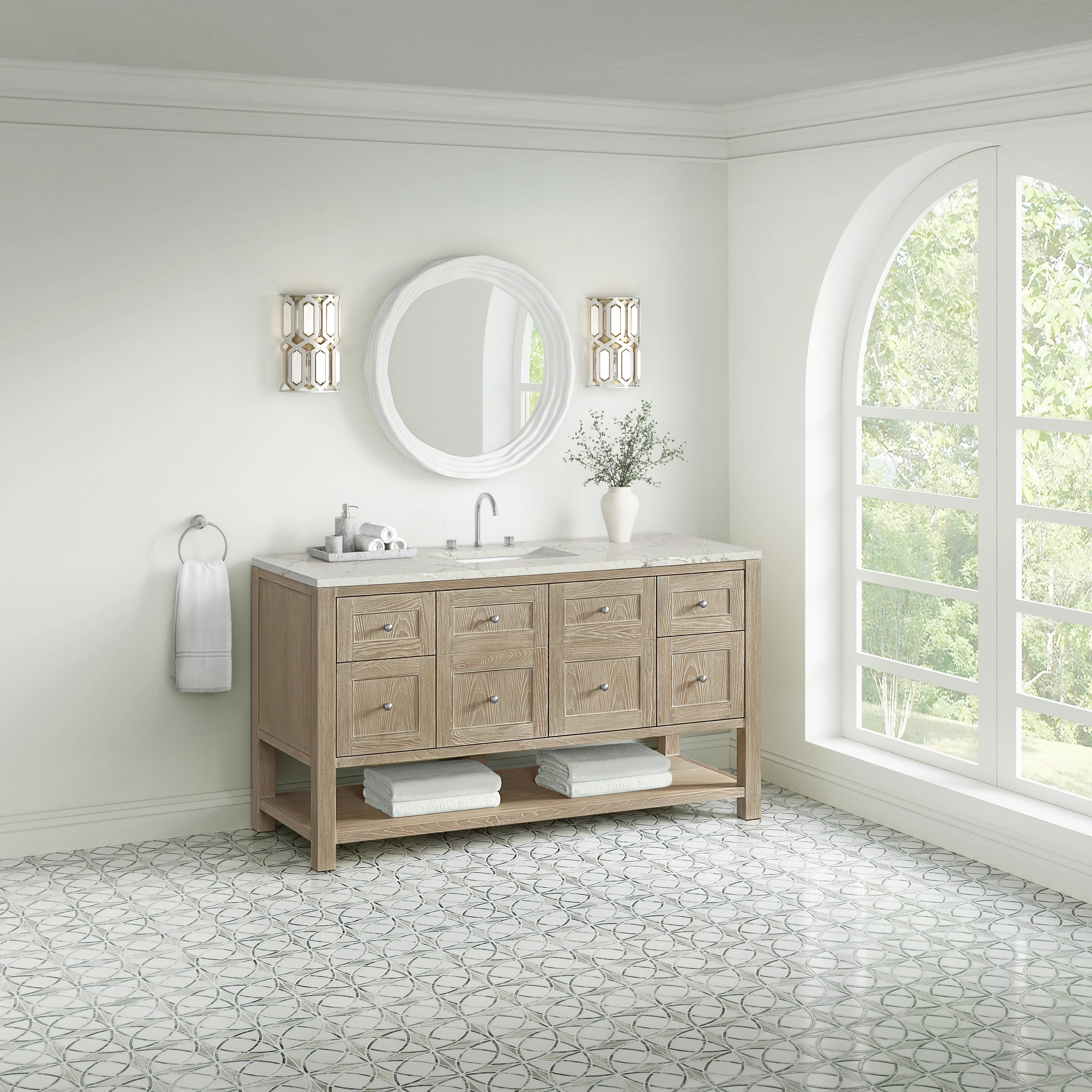 Breckenridge 60" Single Vanity, Whitewashed Oak, w/ 3 CM Victorian Silver Quartz Top