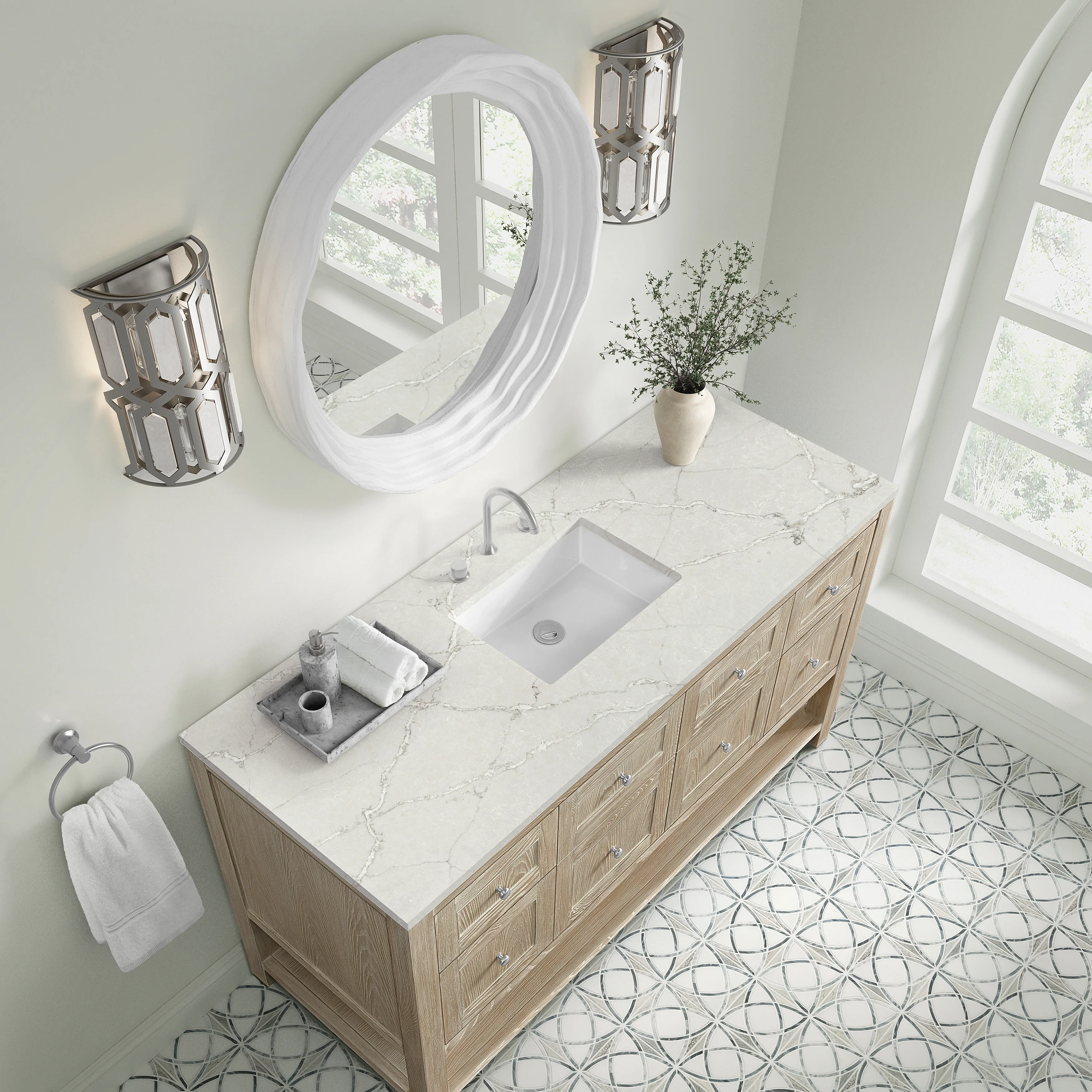Breckenridge 60" Single Vanity, Whitewashed Oak, w/ 3 CM Victorian Silver Quartz Top