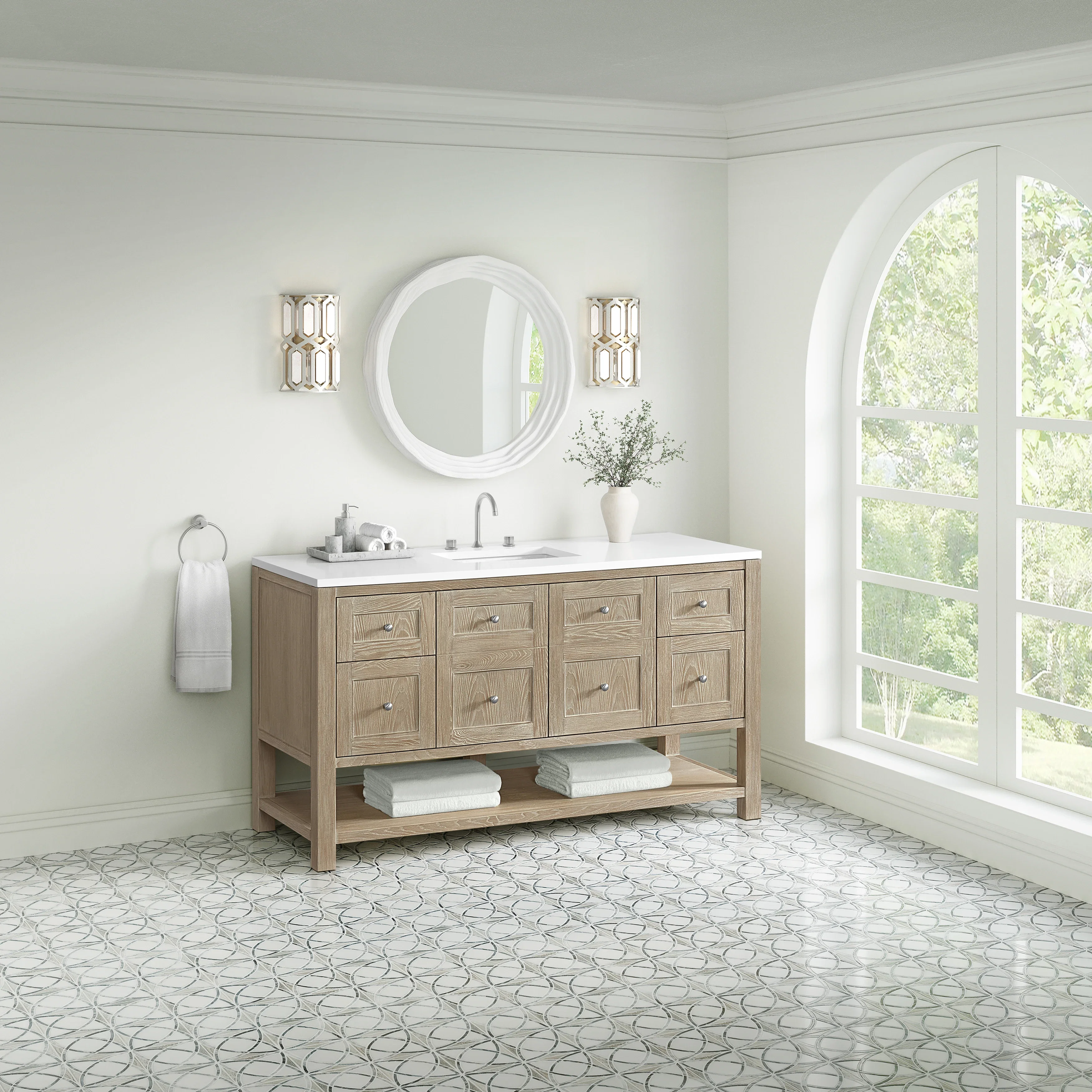 Breckenridge 60" Single Vanity, Whitewashed Oak, w/ 3 CM White Zeus Quartz Top