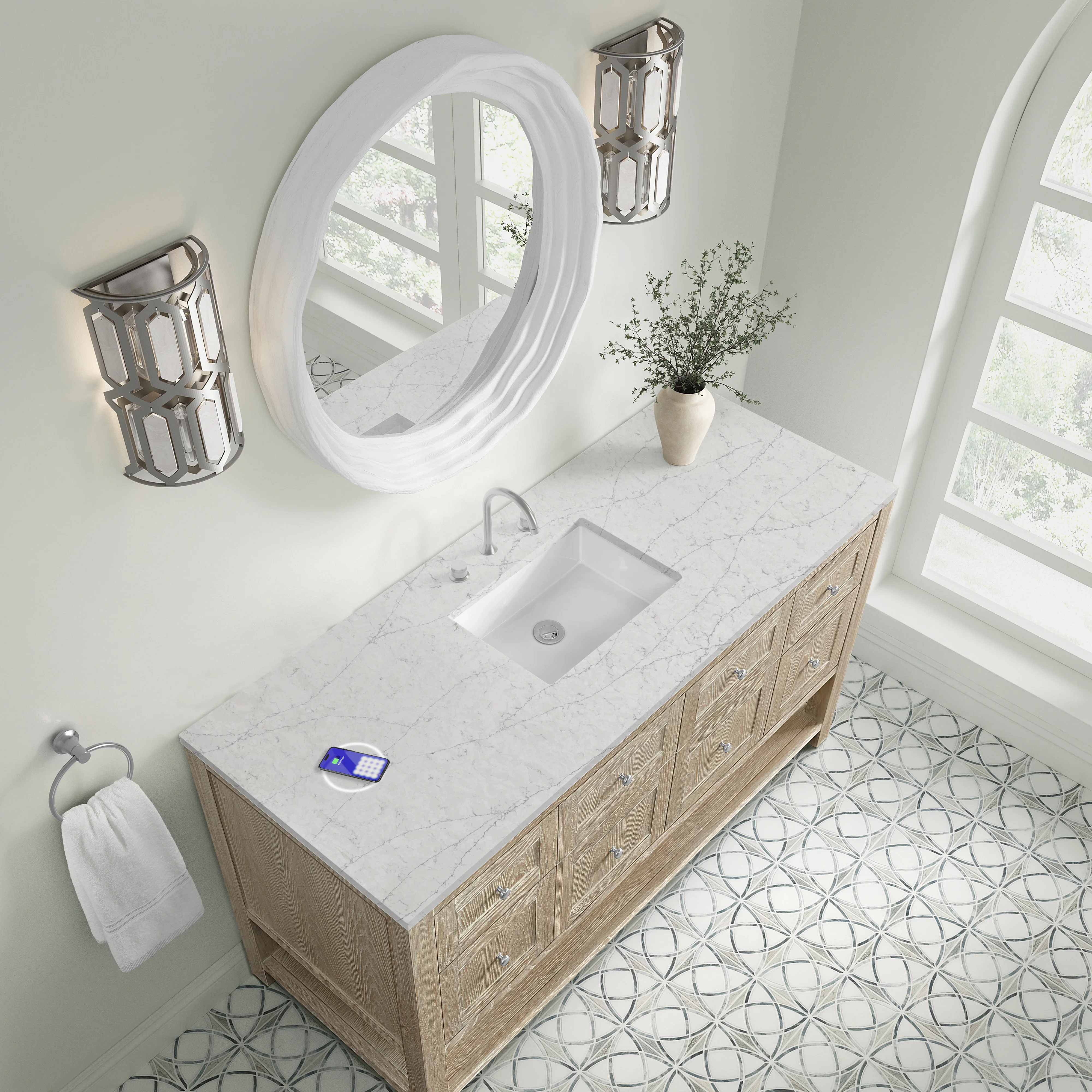 Breckenridge 60" Single Vanity, Whitewashed Oak, w/ 3 CM Eternal Jasmine Pearl Silestone Top w/ FreePower Wireless Charger