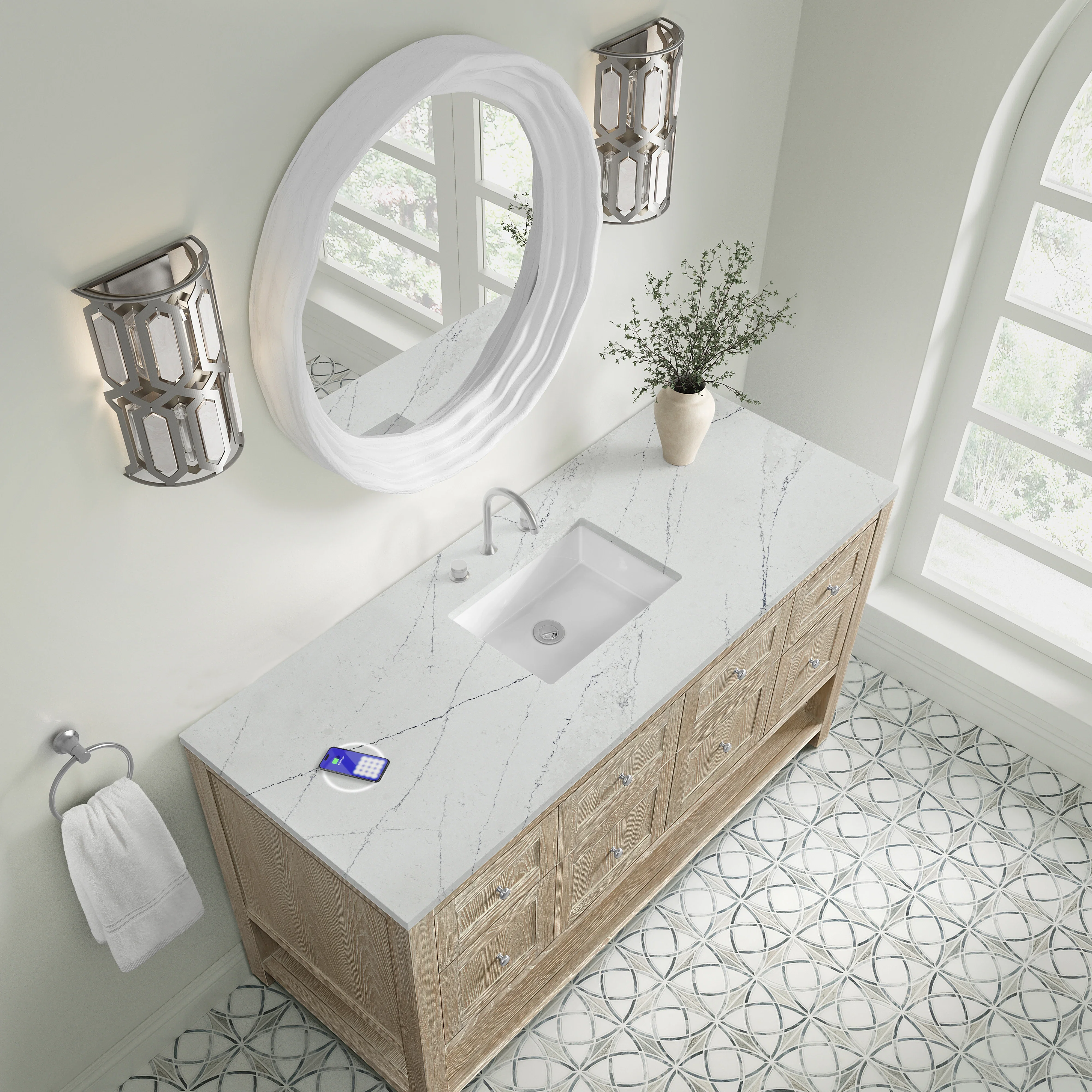 Breckenridge 60" Single Vanity, Whitewashed Oak, w/ 3 CM Ethereal Noctis Silestone Top w/ FreePower Wireless Charger