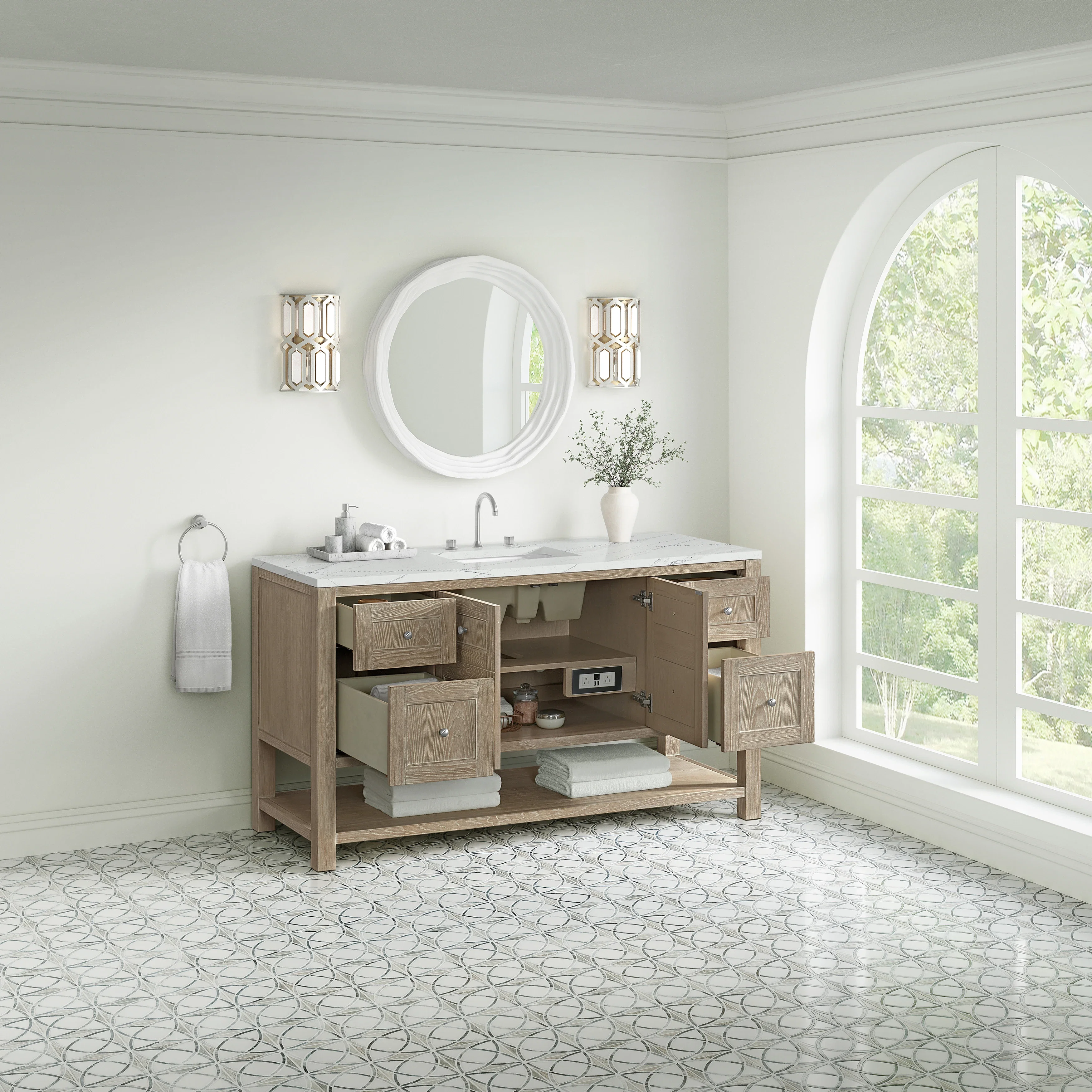 Breckenridge 60" Single Vanity, Whitewashed Oak, w/ 3 CM Ethereal Noctis Silestone Top w/ FreePower Wireless Charger
