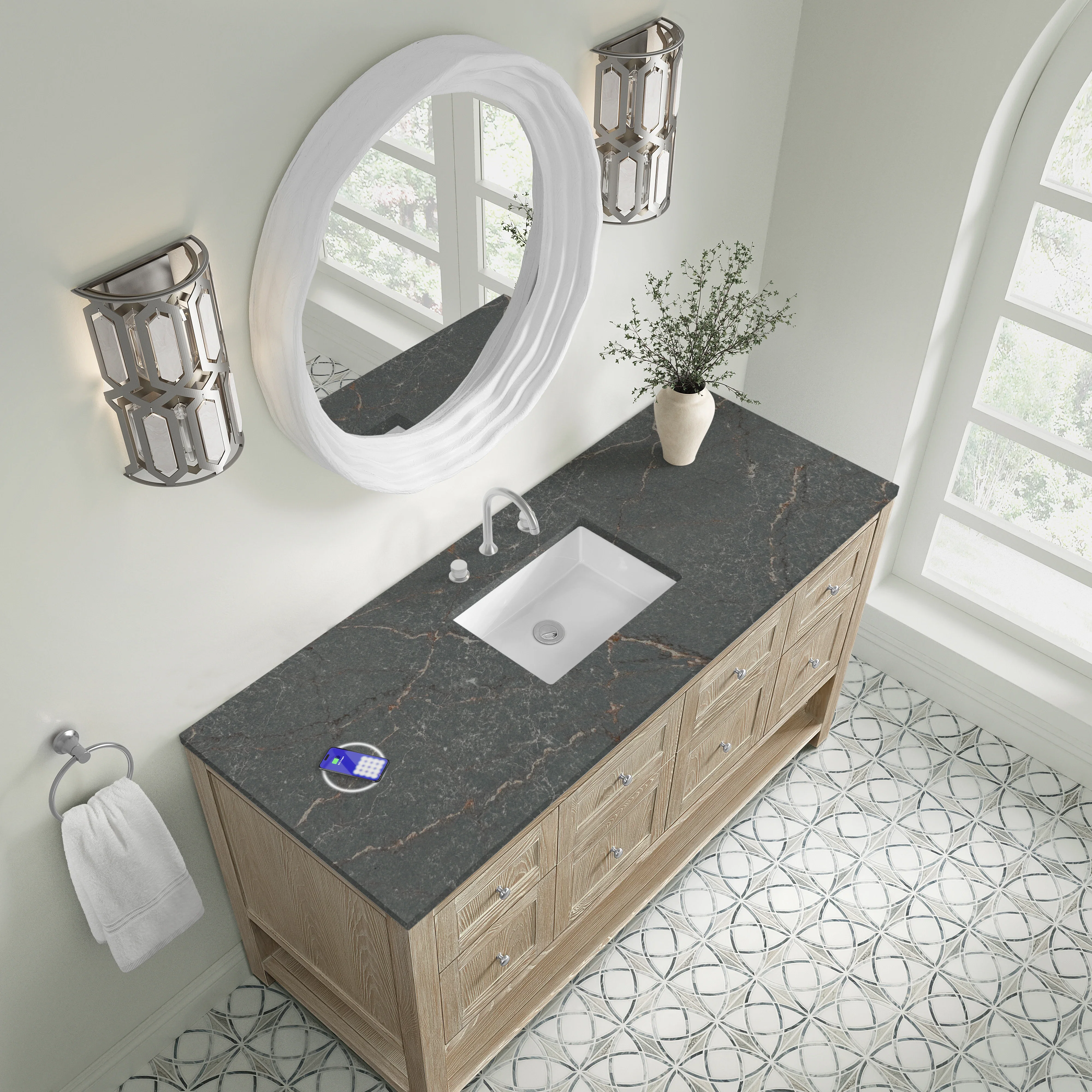 Breckenridge 60" Single Vanity, Whitewashed Oak w/ 3 CM Parisien Bleu Top w/ FreePower Wireless Charger