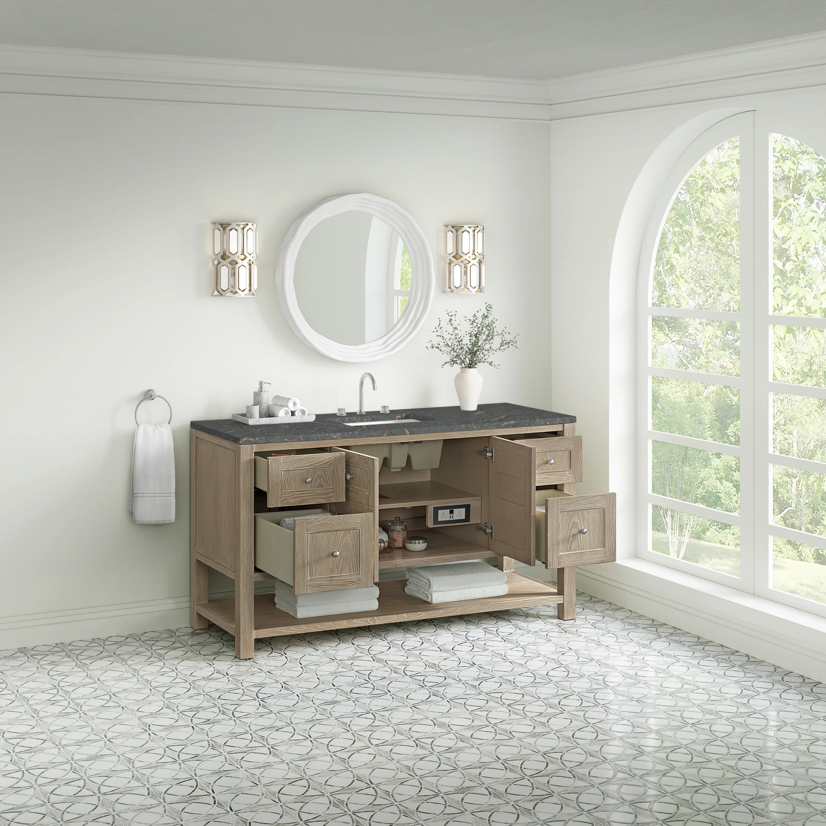 Breckenridge 60" Single Vanity, Whitewashed Oak w/ 3 CM Parisien Bleu Top w/ FreePower Wireless Charger